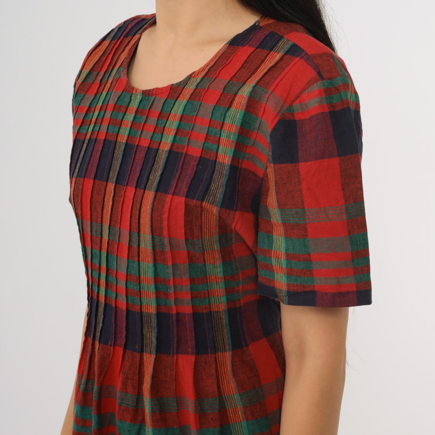 90s Plaid Mini Dress Red Blue Green Checkered Shift Linen Cotton Large