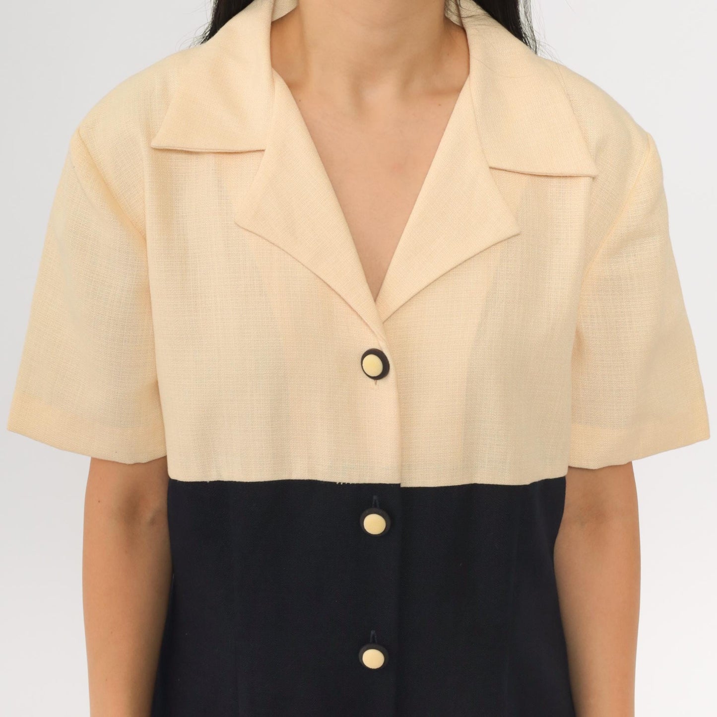 90s Two-Tone Mini Shirtdress Cream Black Empire Waist Button-Up Large