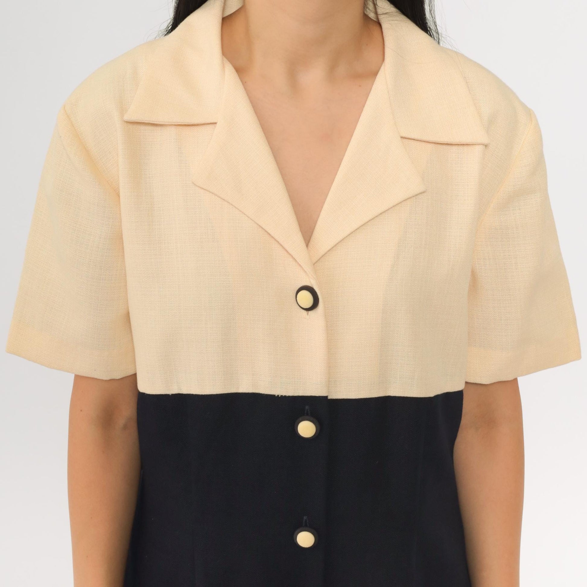 90s Two-Tone Mini Shirtdress Cream Black Empire Waist Button-Up Large