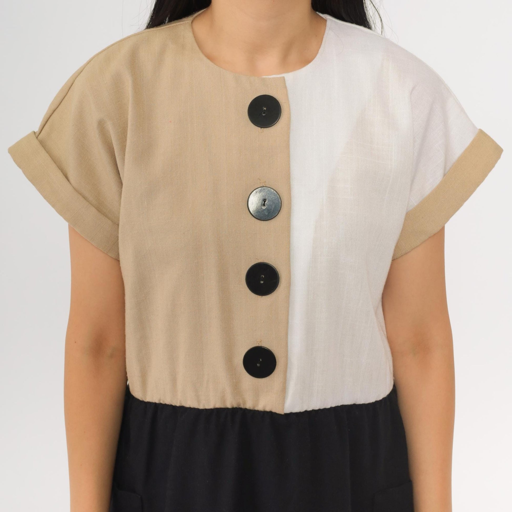 80s Color Block Mini Dress Button-Up High Waist Black Tan White Medium 8