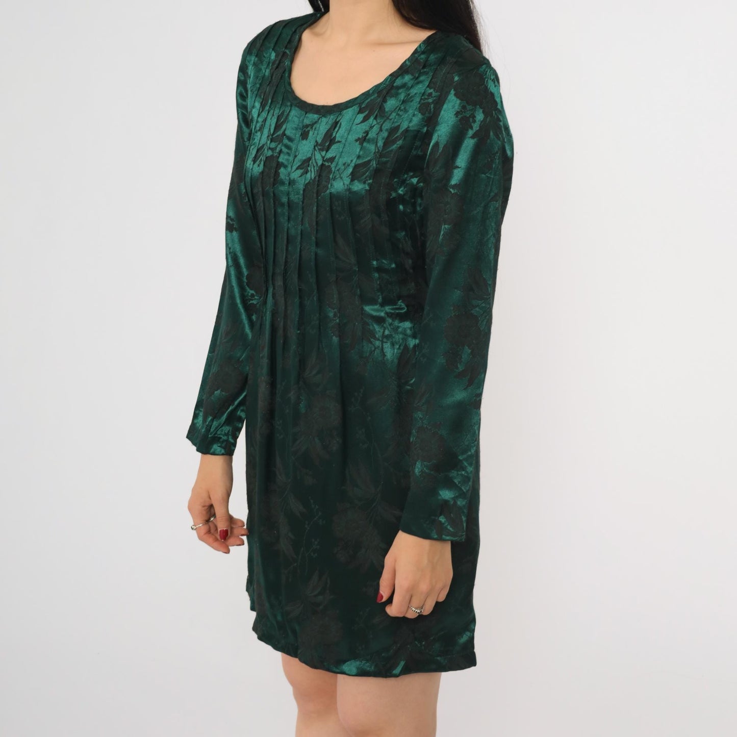 90s Sarah Richards Green Satin Floral Mini Dress Long Sleeve Scoop Neck Small