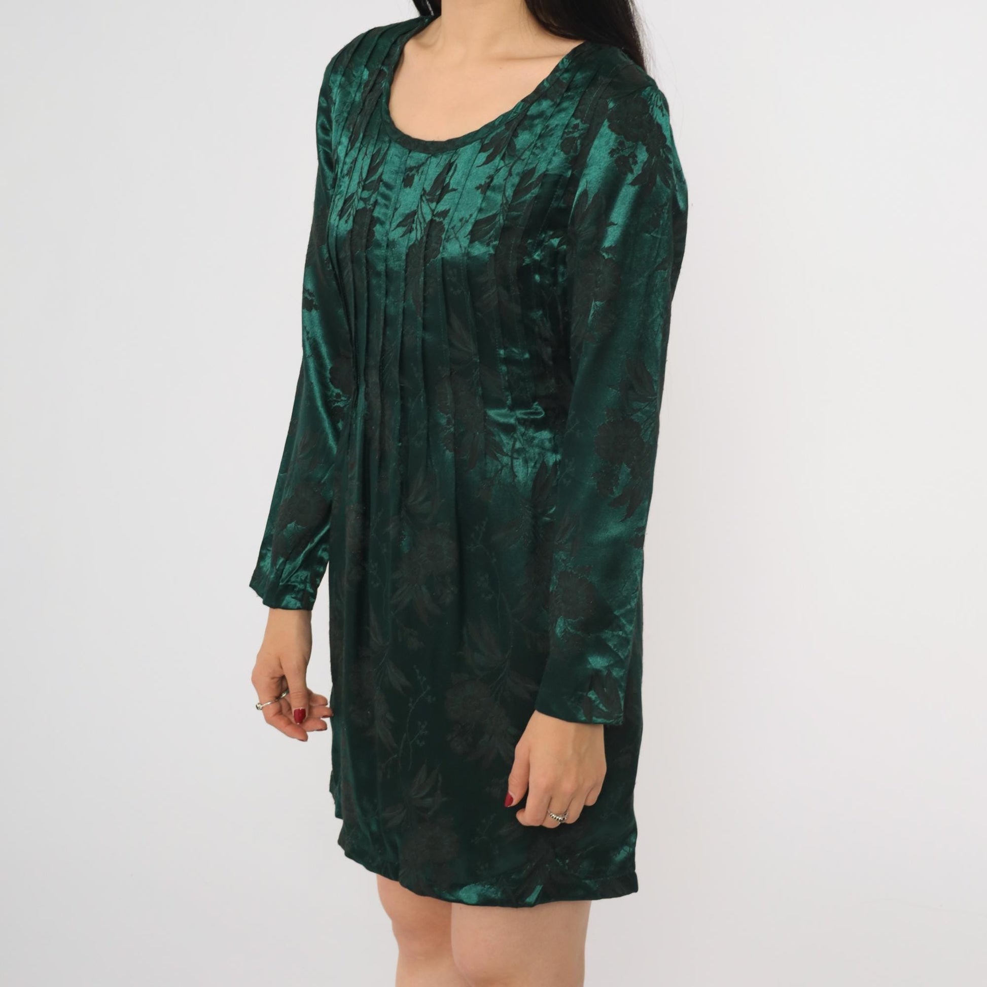 90s Sarah Richards Green Satin Floral Mini Dress Long Sleeve Scoop Neck Small