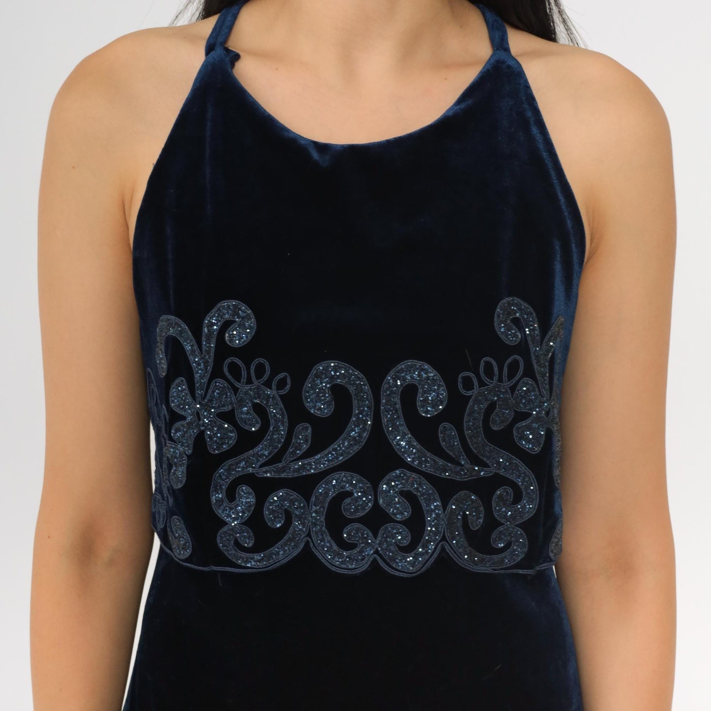 90s Blue Velvet Maxi Dress Spaghetti Strap Glitter Soutache Medium