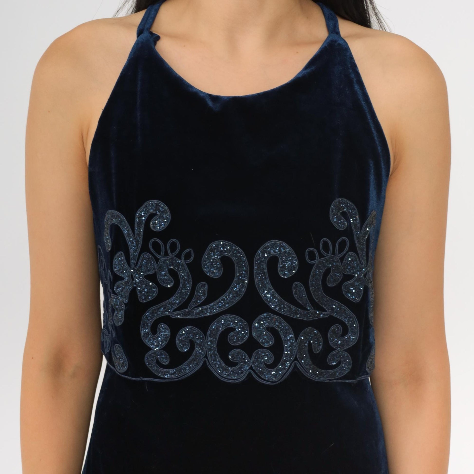 90s Blue Velvet Maxi Dress Spaghetti Strap Glitter Soutache Medium