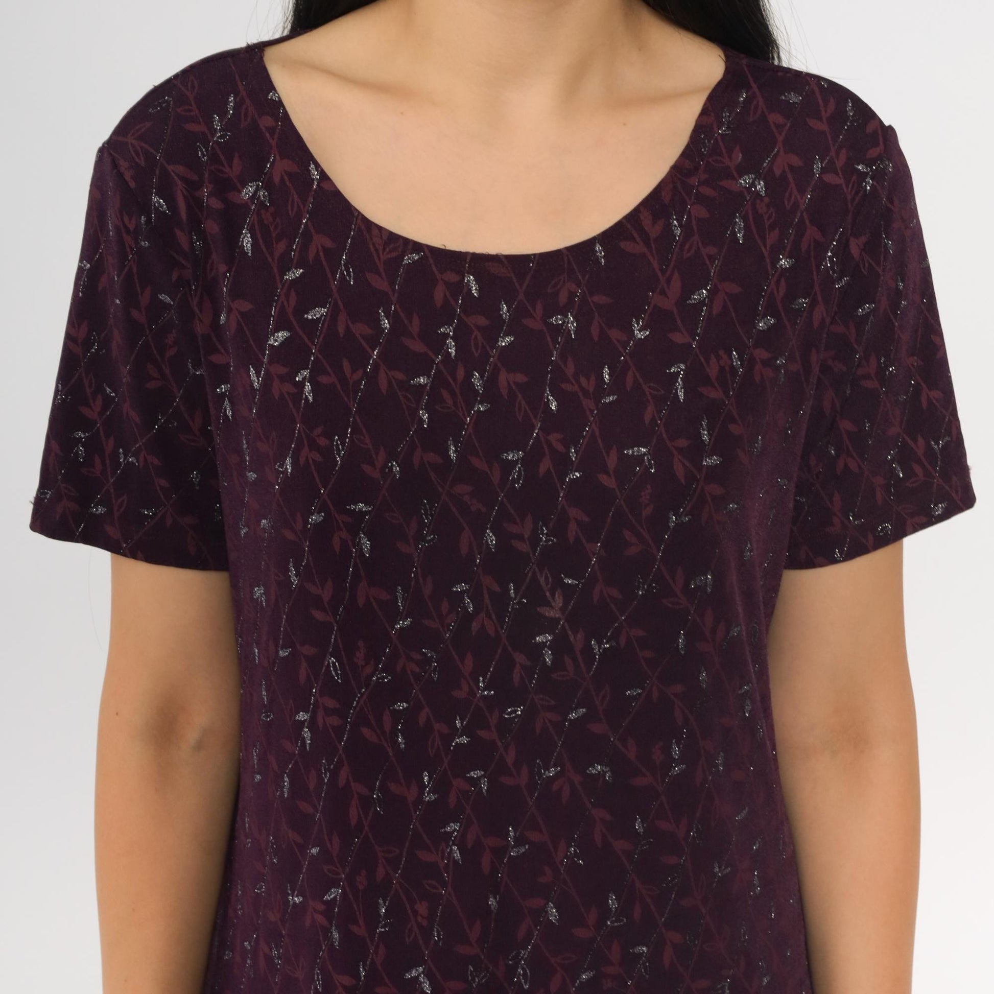 90s AGB Purple Floral Glitter Dress Knee-Length Short Sleeve Large L