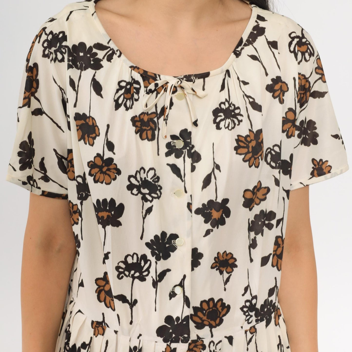 60s White Floral Bow Neck Button-Up Midi Dress Black Brown Print Large L