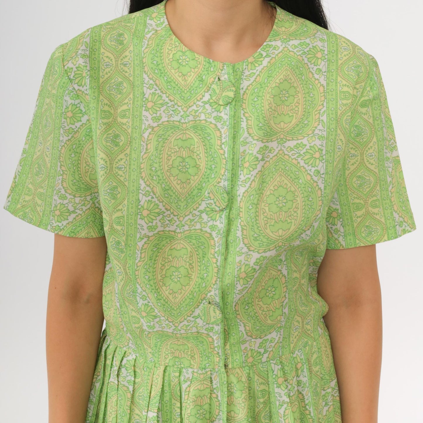 60s Green Floral Button-Up Dress Knee Length Pleated Skirt Small