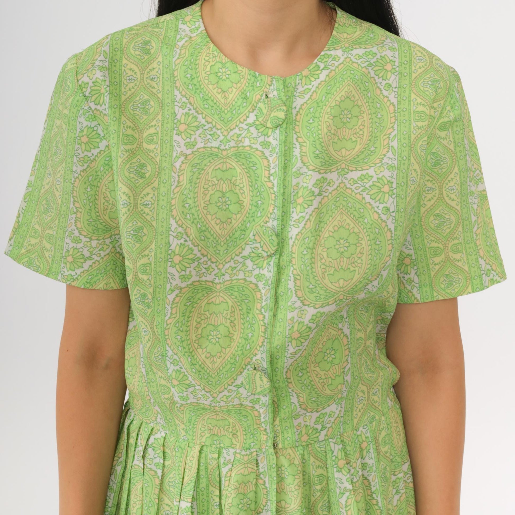 60s Green Floral Button-Up Dress Knee Length Pleated Skirt Small