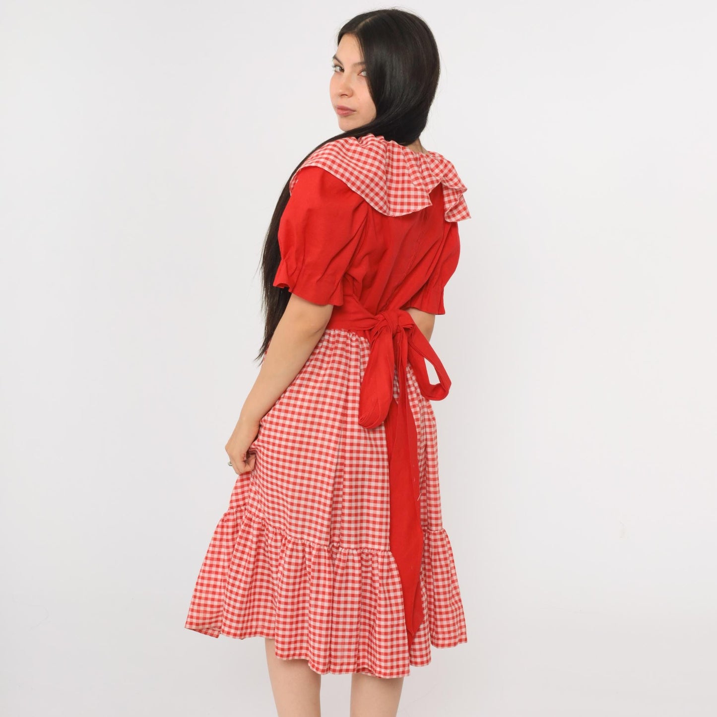 70s Red Gingham Prairie Dress Puff Sleeve Midi High Waist Medium Large
