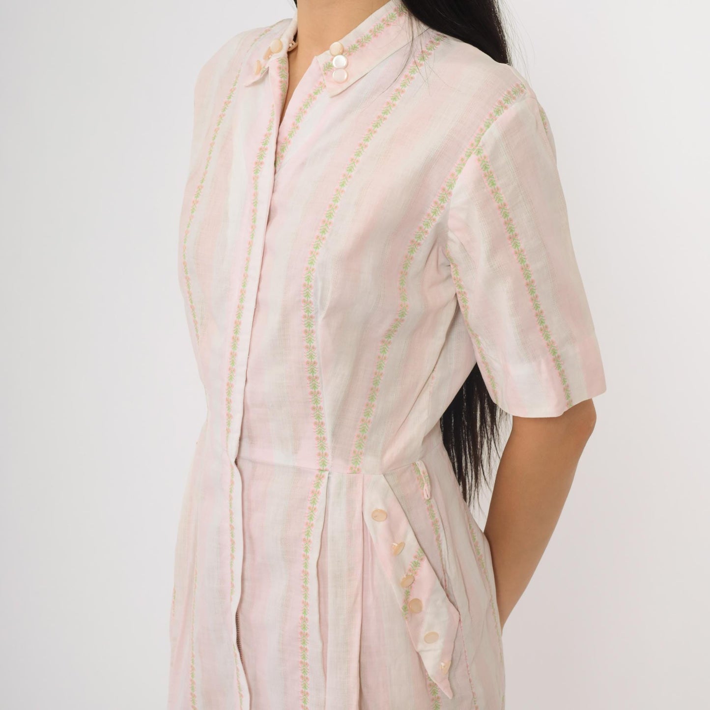 60s Pink White Striped Cotton Dress High Waist Zip Front Pockets Small