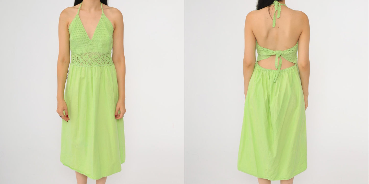 90s Lime Green Crochet Halter Midi Dress Deep V Sheer Waist Small Medium