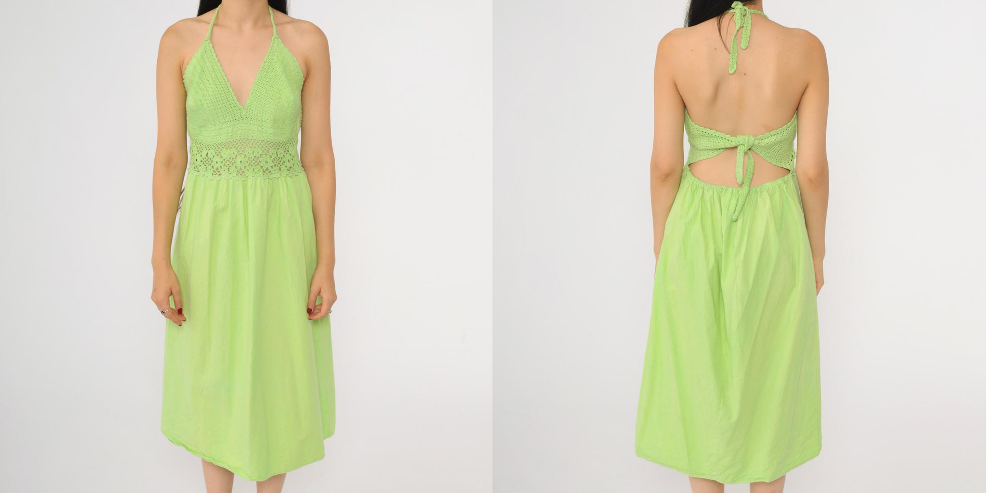 90s Lime Green Crochet Halter Midi Dress Deep V Sheer Waist Small Medium