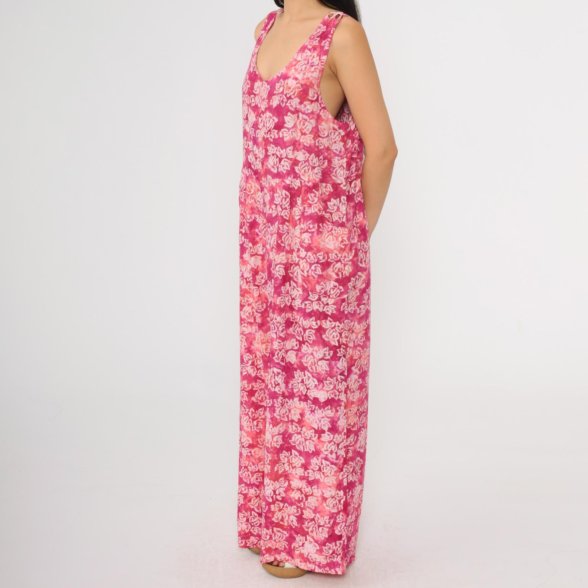 90s April Cornell Pink Tie Dye Floral Wide Leg Jumpsuit Scoop Neck Medium M