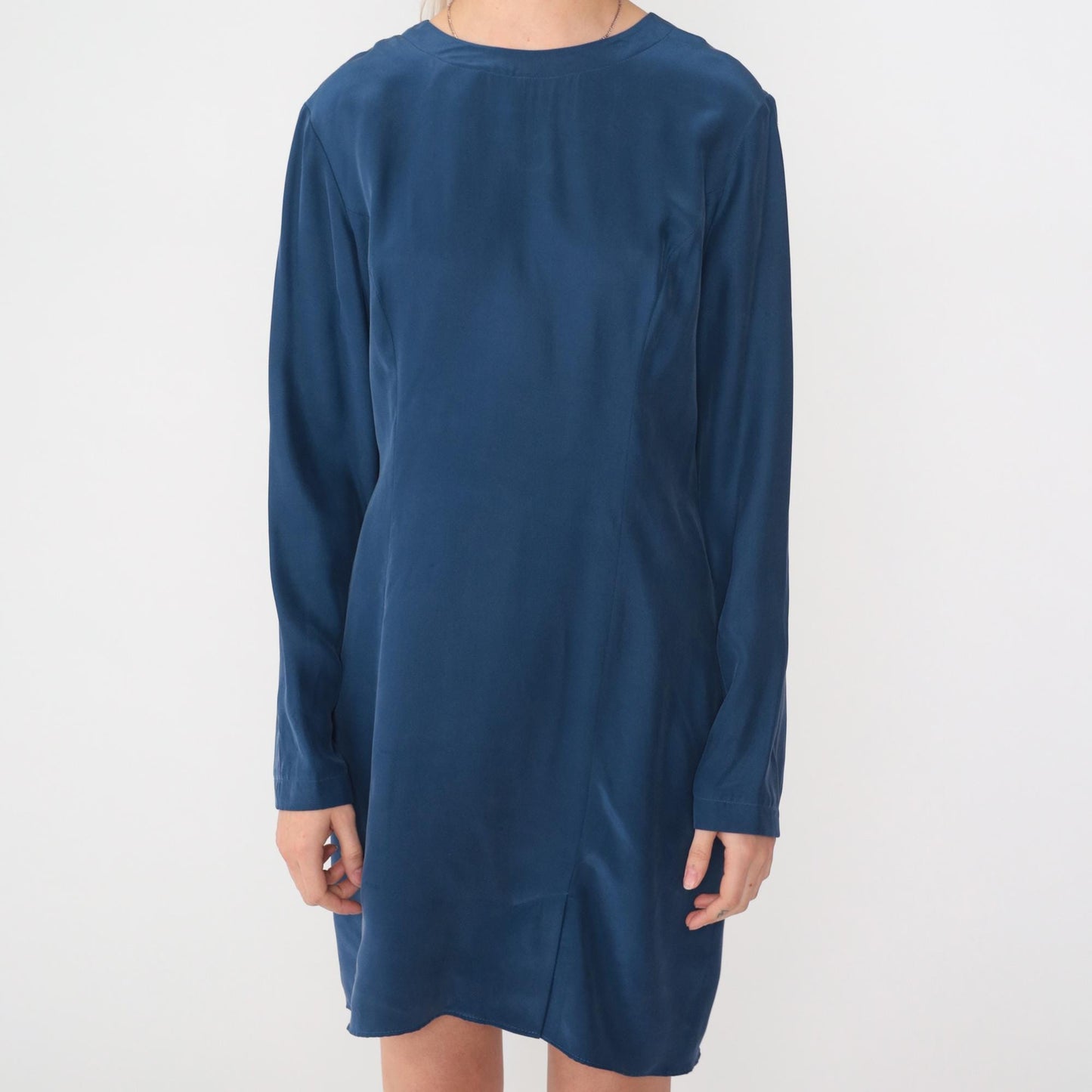 90s Maggy London Dark Blue Silk Mini Dress Long Sleeve Sheath Medium 8