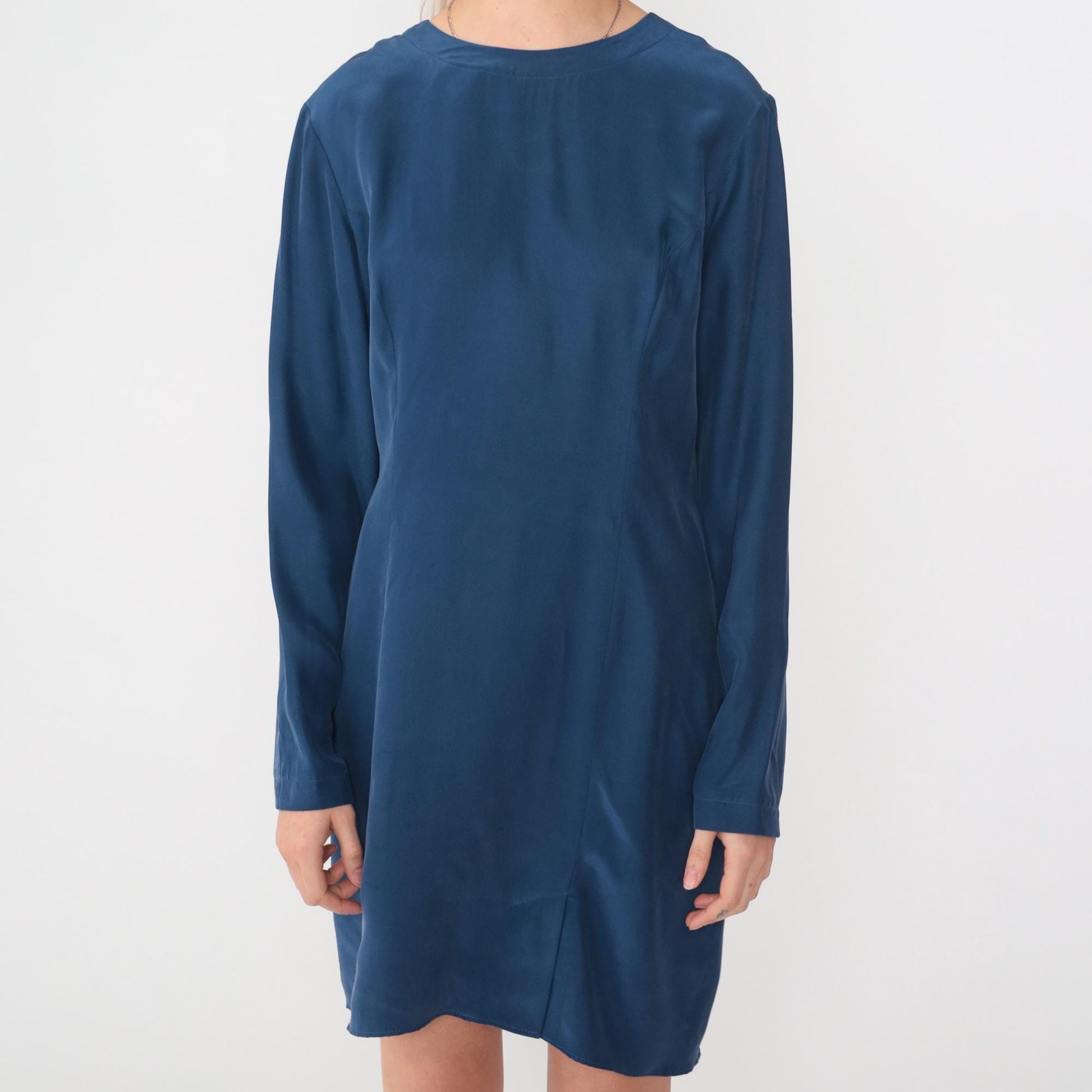 90s Maggy London Dark Blue Silk Mini Dress Long Sleeve Sheath Medium 8