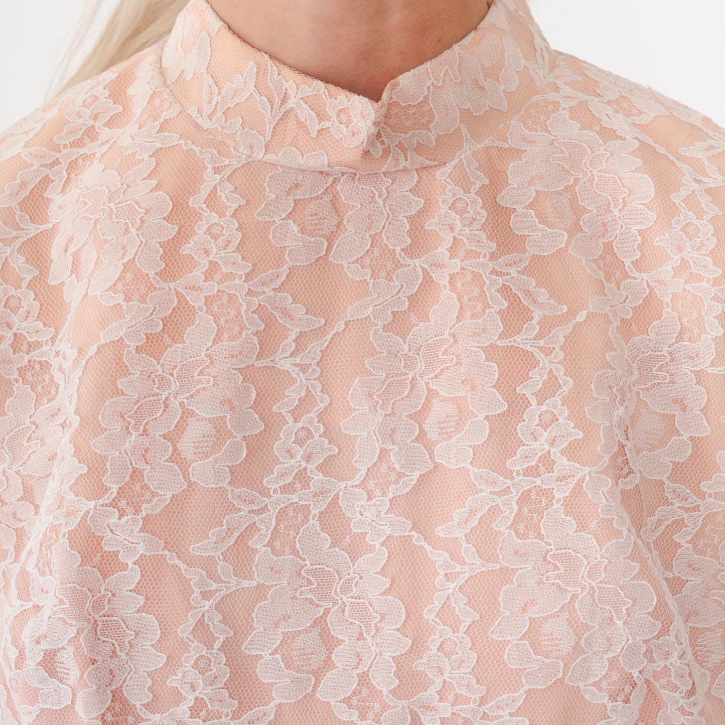 60s White Lace Chiffon Midi Dress Long Sleeve High Waist Mock Neck Medium M