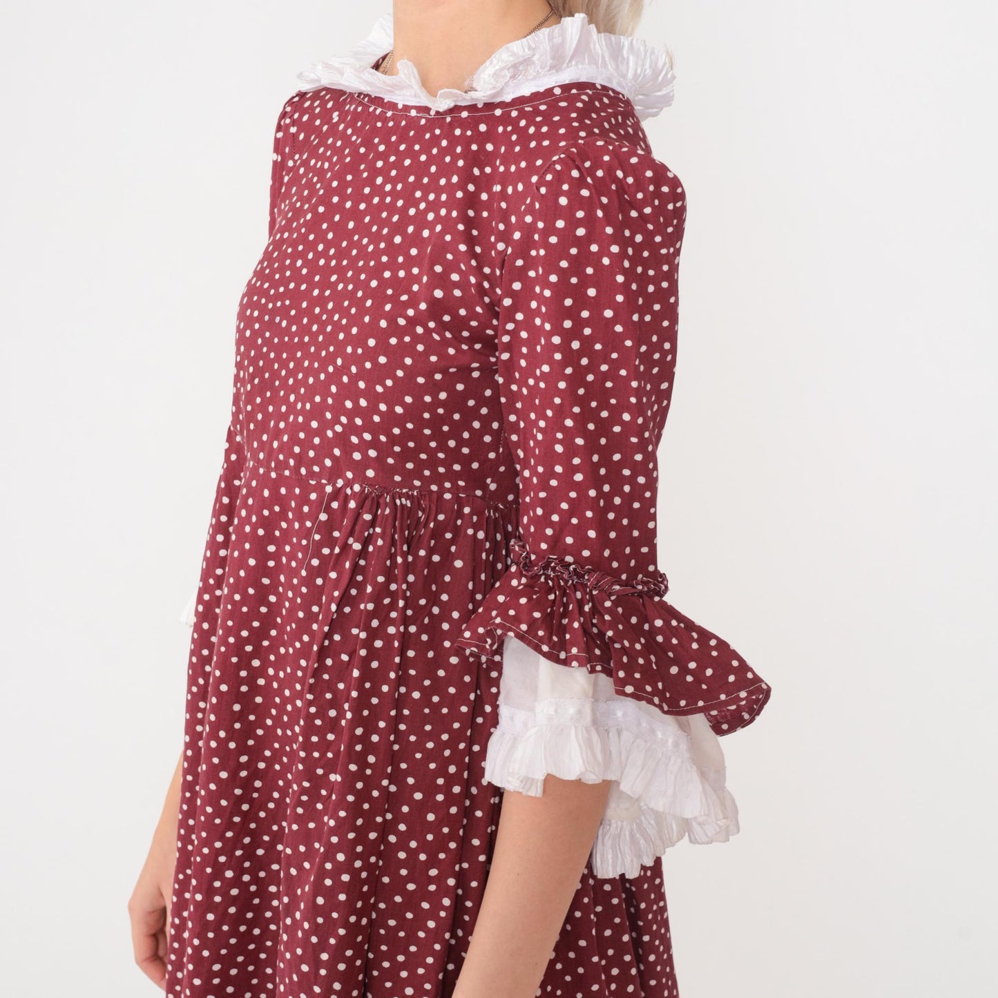 70s Burgundy Polka Dot Prairie Dress Puff Sleeve Ruffle Collar Mini Cotton Extra Small