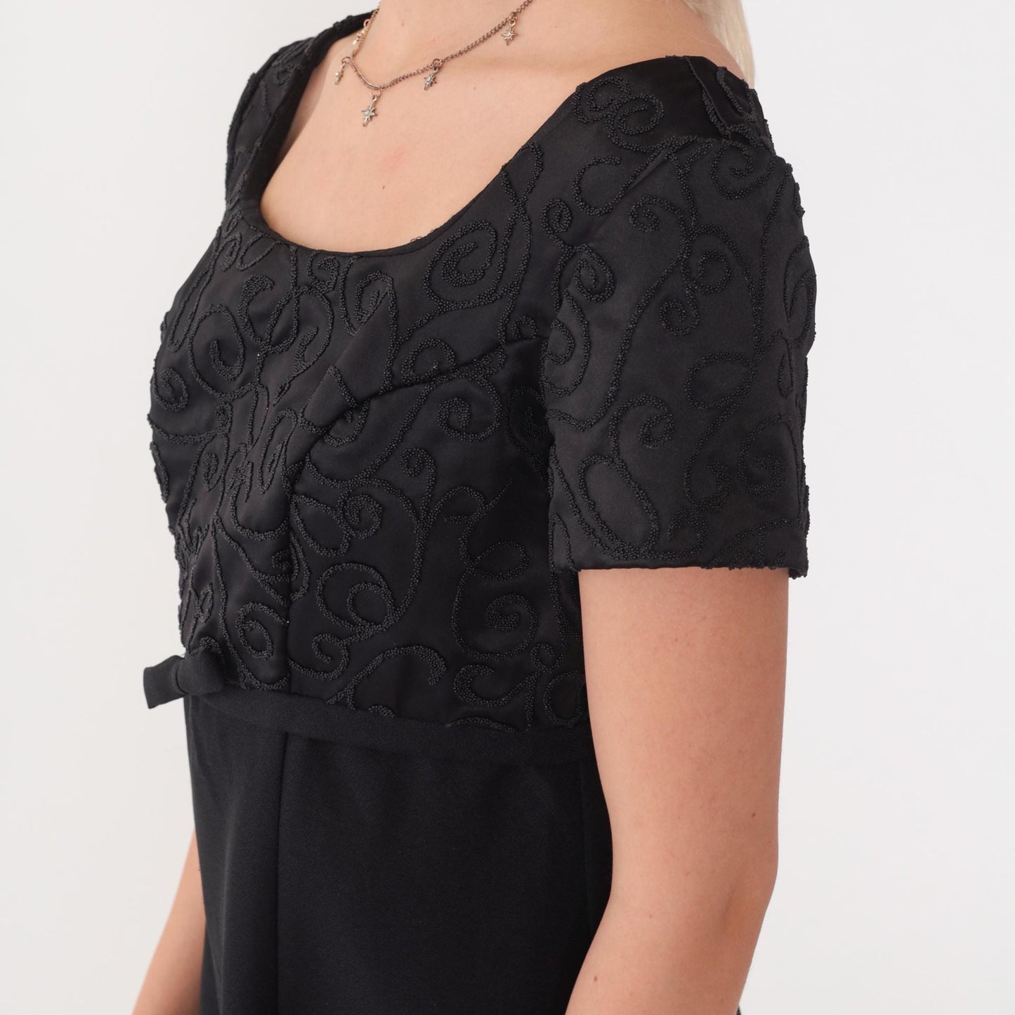 90s Black Micro Beaded Satin Mini Dress Empire Waist Scoop Neck Small 4