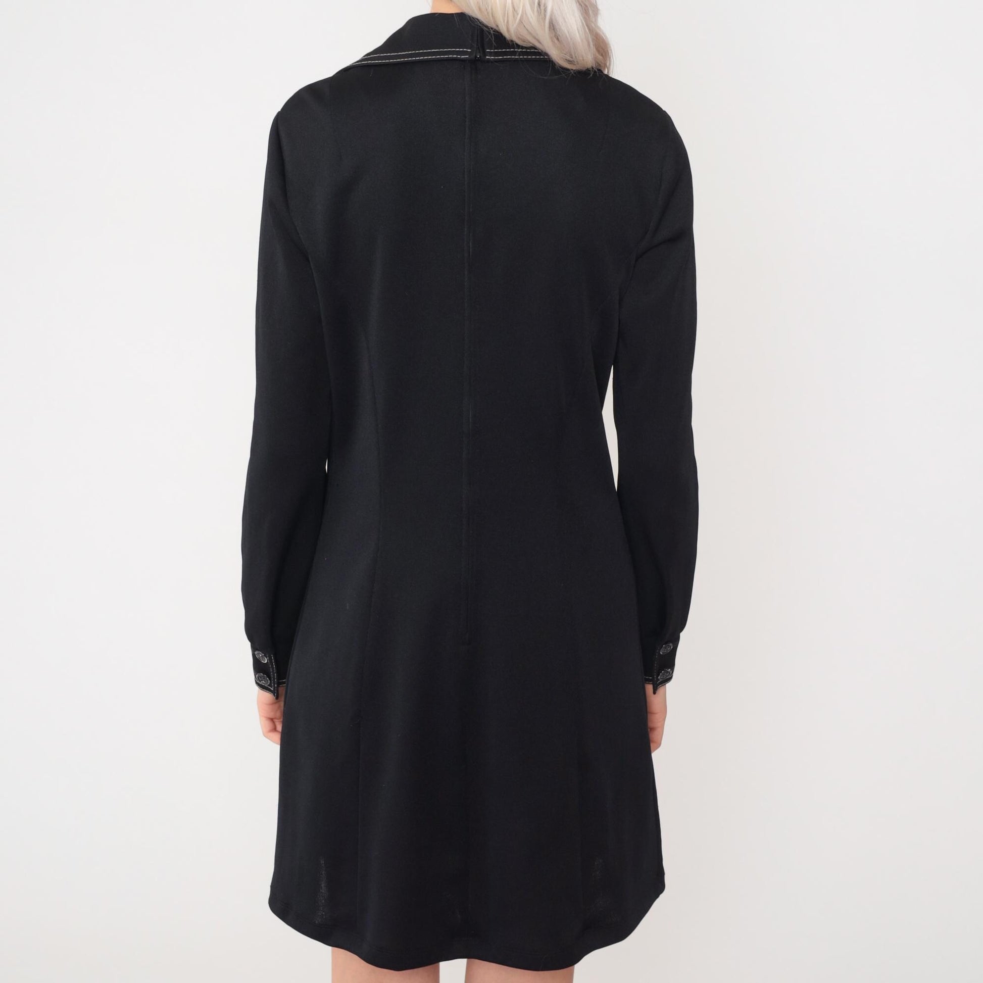 70s Black Mini Dress Dagger Collar White Topstitching Sheath Medium Large