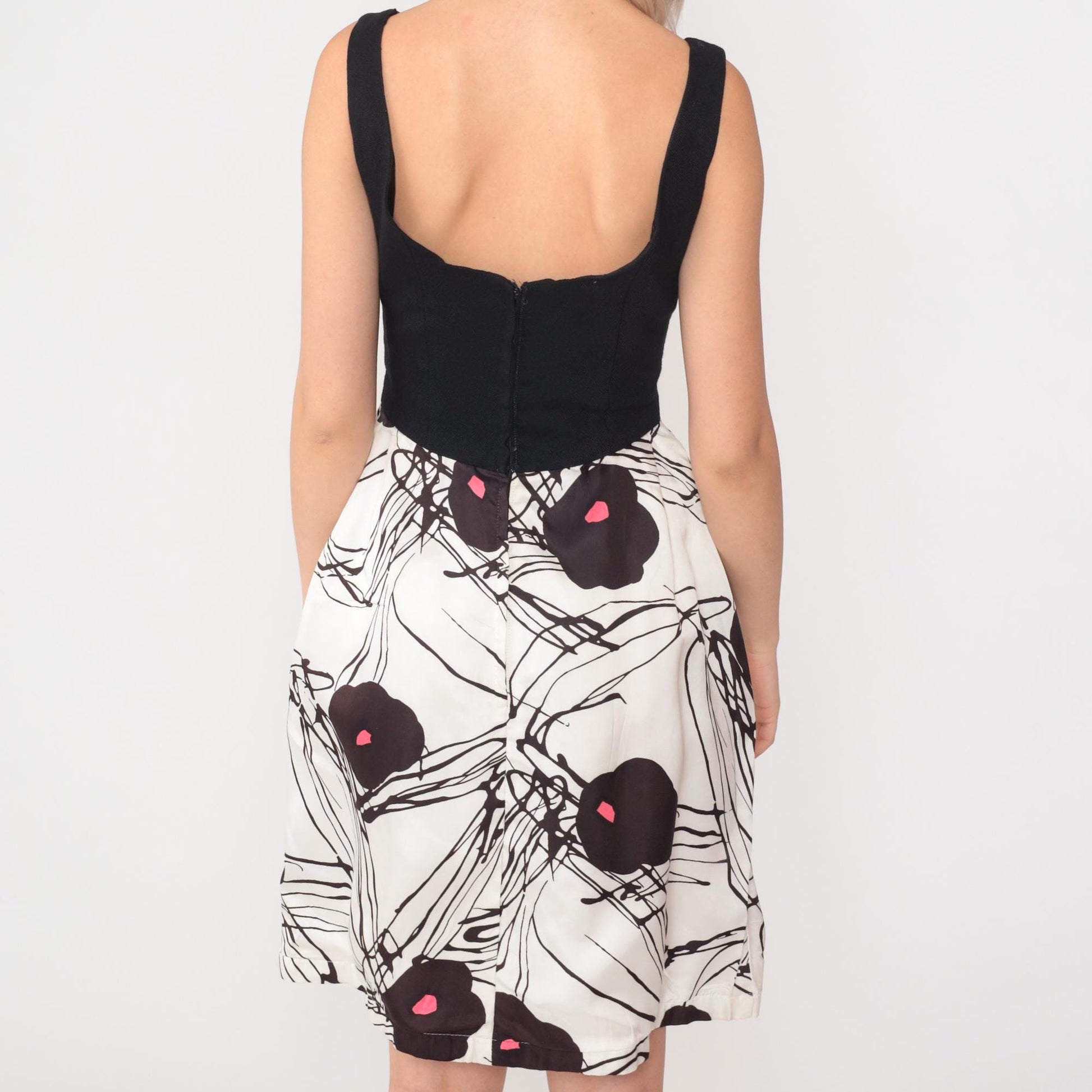 60s Black White Floral Mini Party Dress Bow Sleeveless A-Line Extra Small