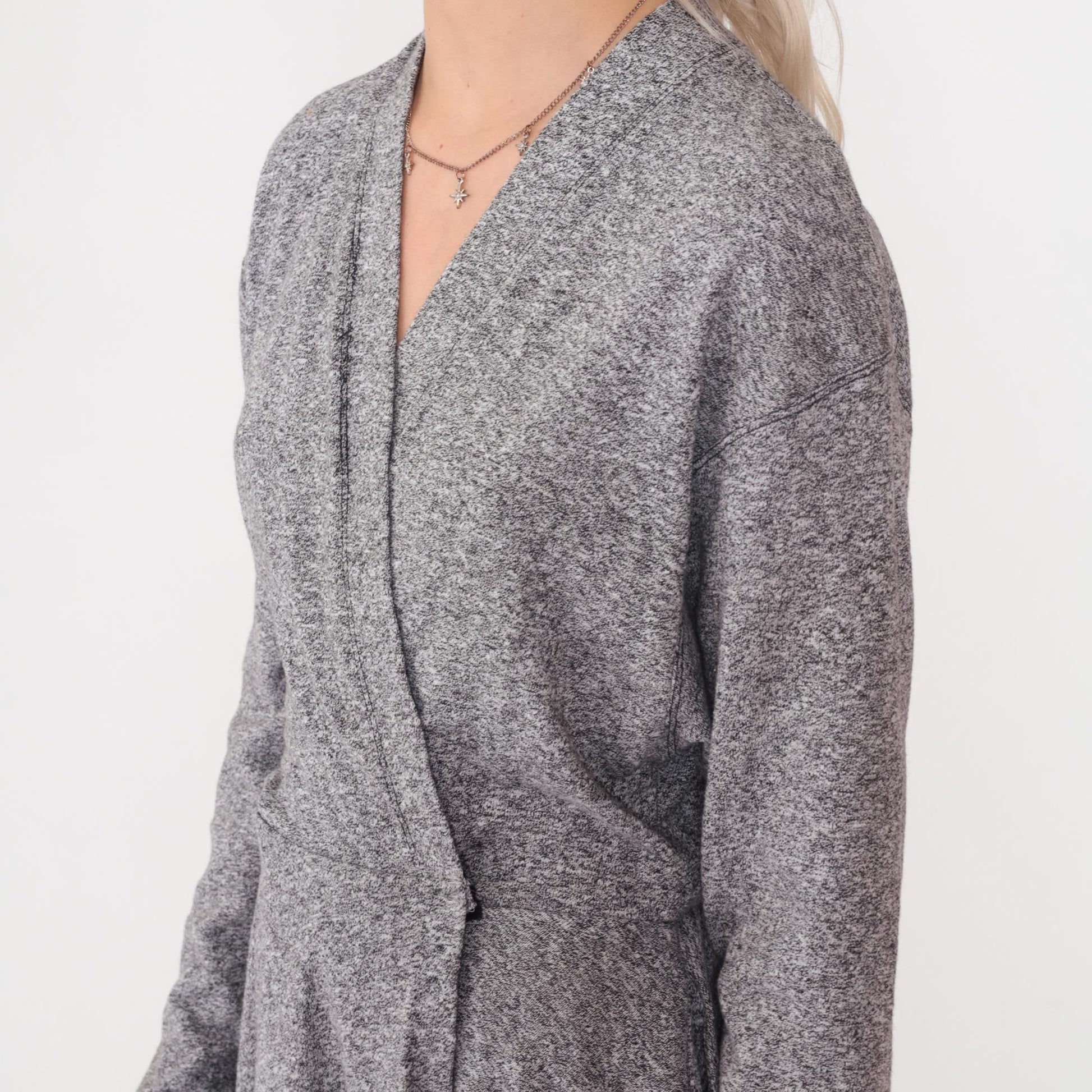 80s Grey Mini Wrap Dress V-Neck Dropped Armhole Long Sleeve Small