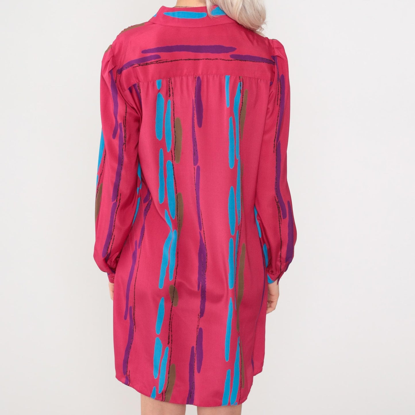 80s Fuchsia Striped Mini Dress Puff Sleeve Button-Up Shirtdress Medium
