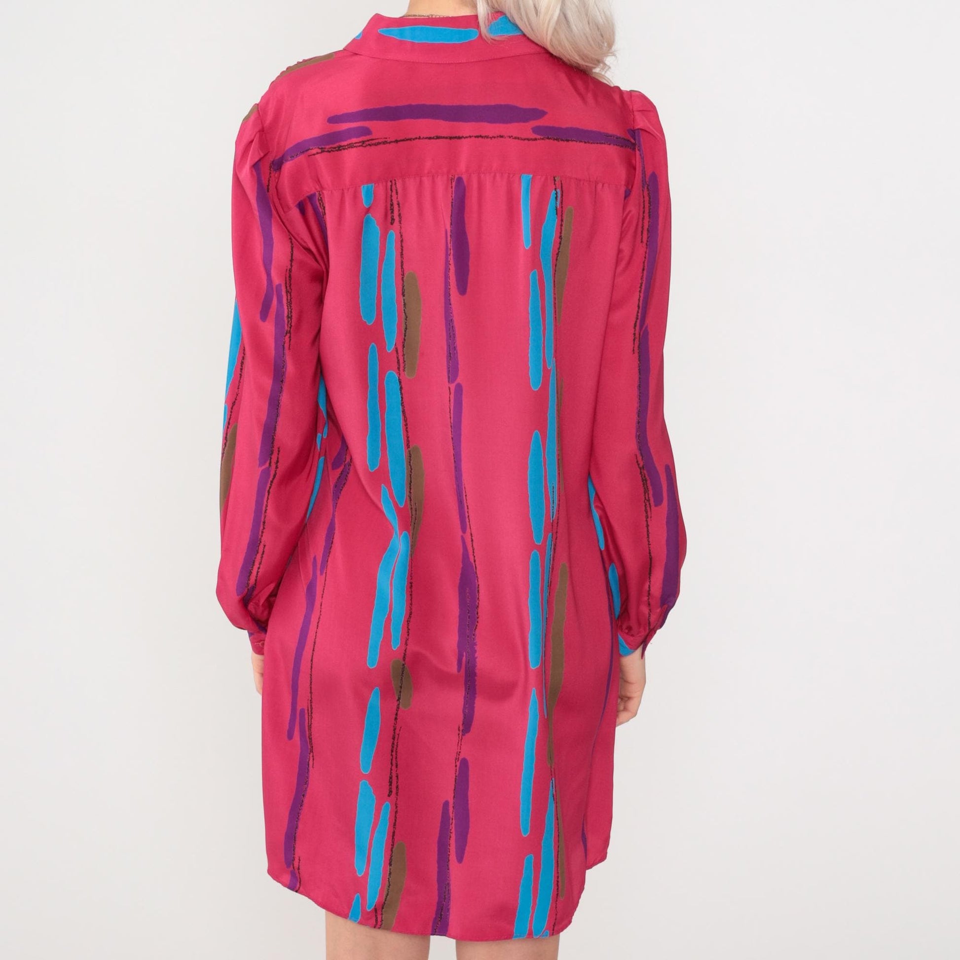 80s Fuchsia Striped Mini Dress Puff Sleeve Button-Up Shirtdress Medium