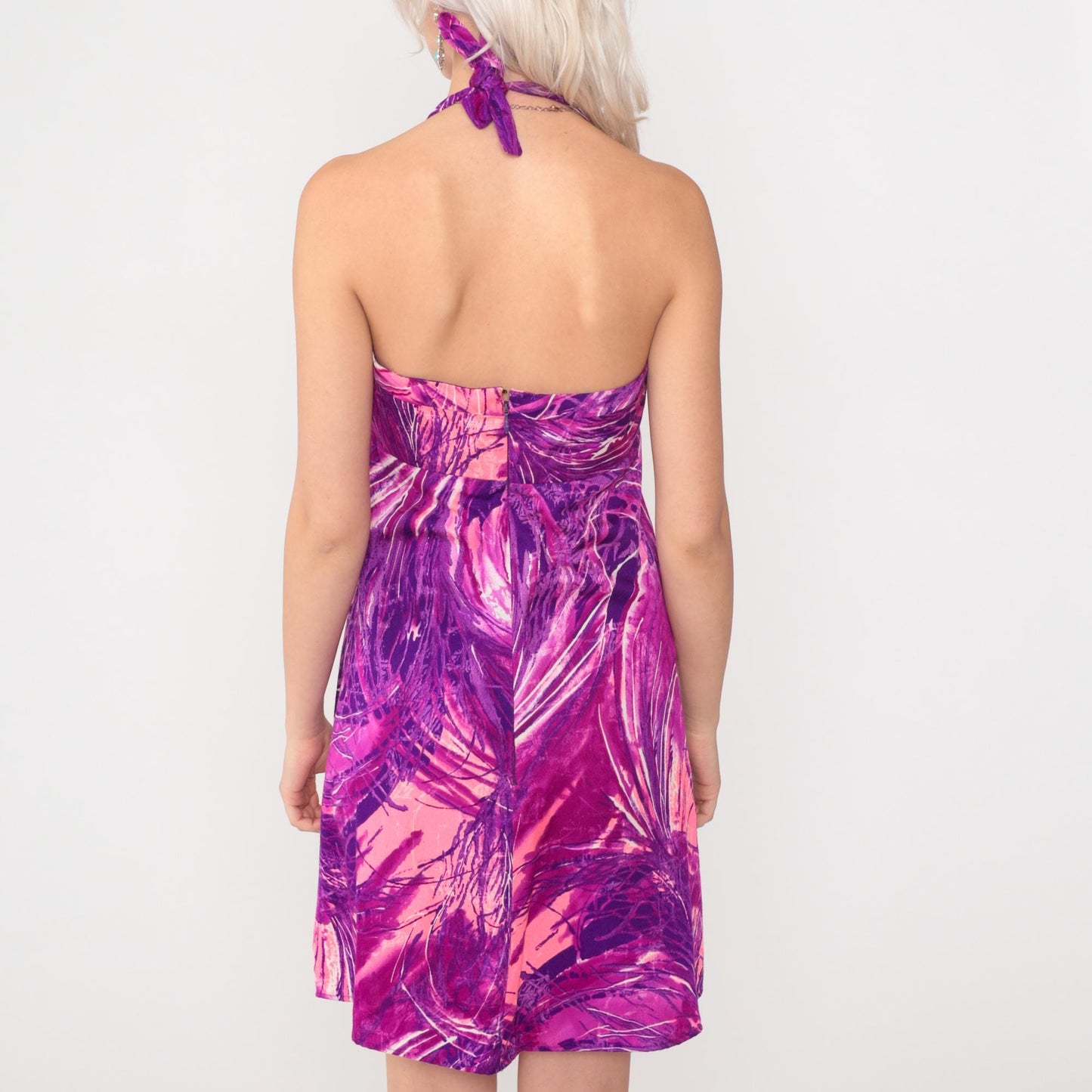 70s Purple Magenta Abstract Halter Mini Dress Empire Waist Extra Small