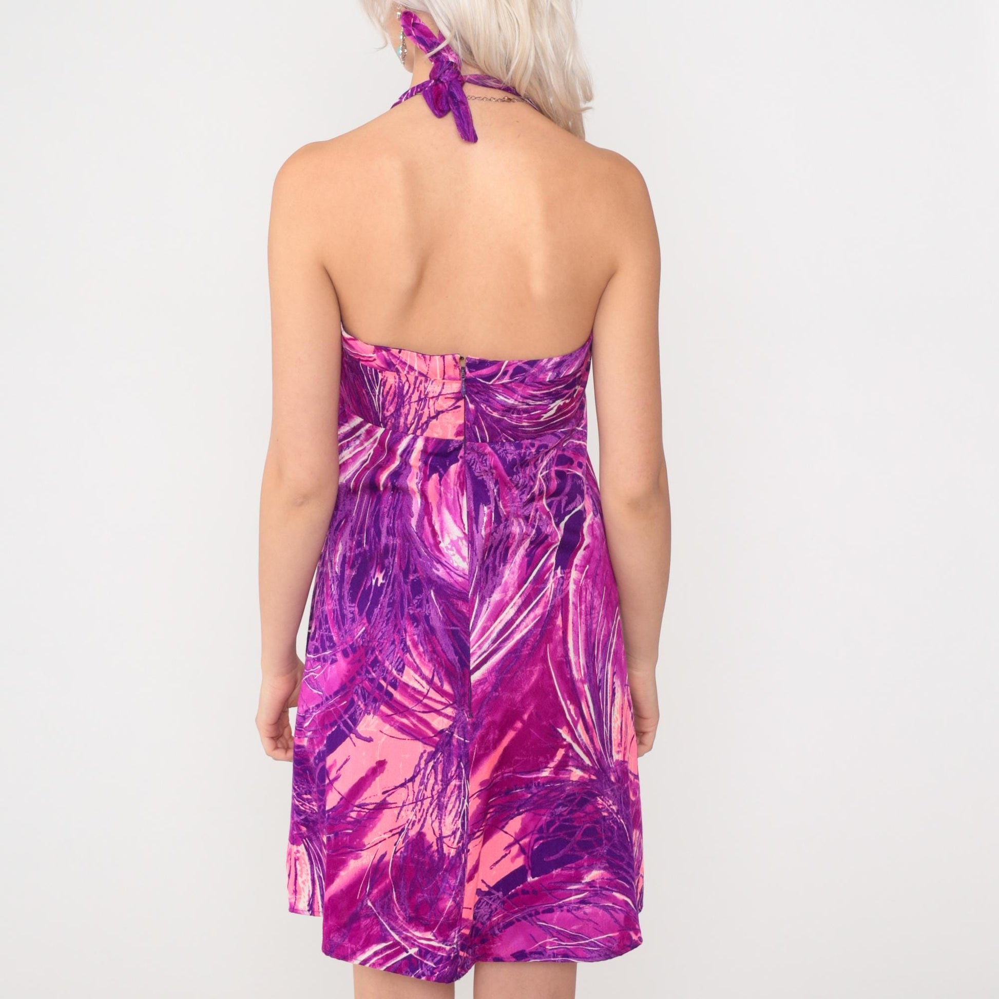 70s Purple Magenta Abstract Halter Mini Dress Empire Waist Extra Small