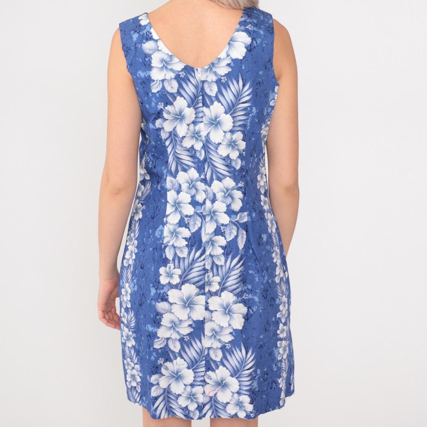 Y2K Hawaiian Floral Mini Dress Blue Sleeveless Cotton Sheath Small