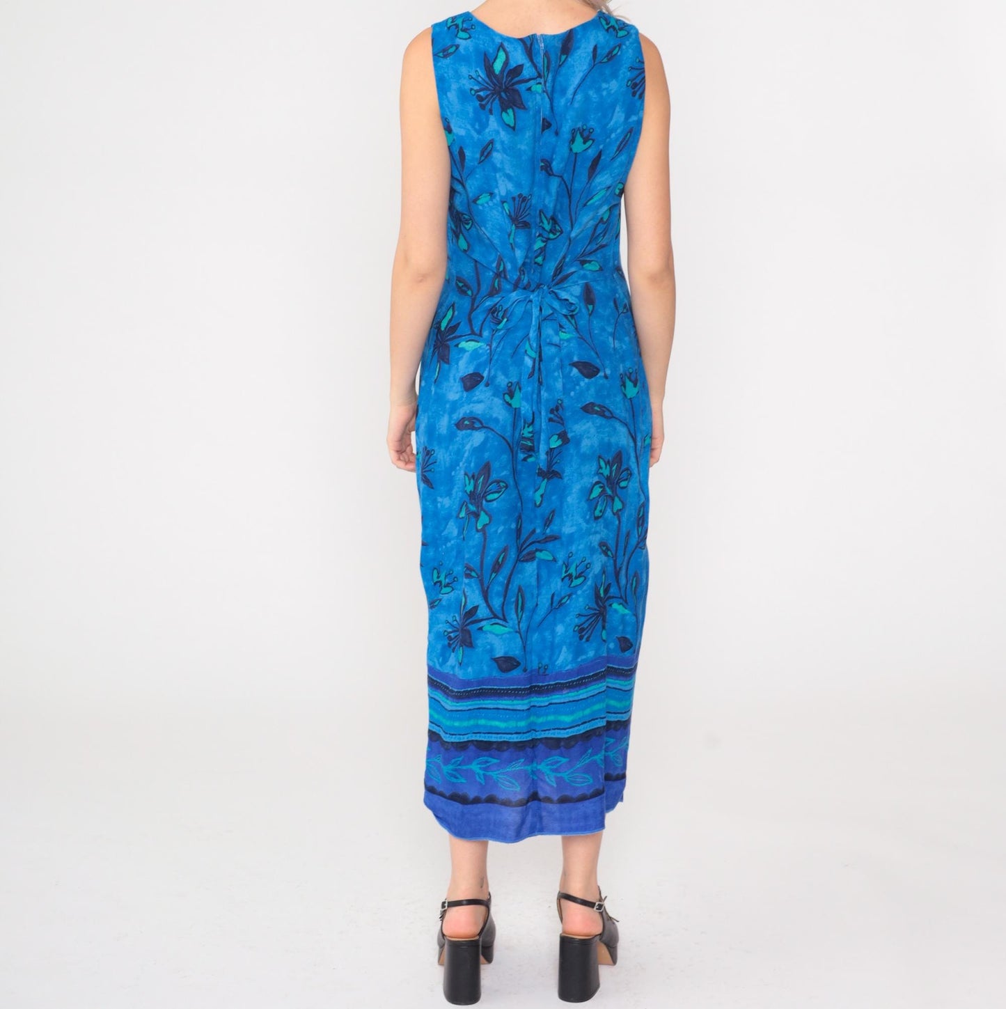 90s Blue Floral Rayon Maxi Dress Sleeveless Scoop Neck Side Slit Small