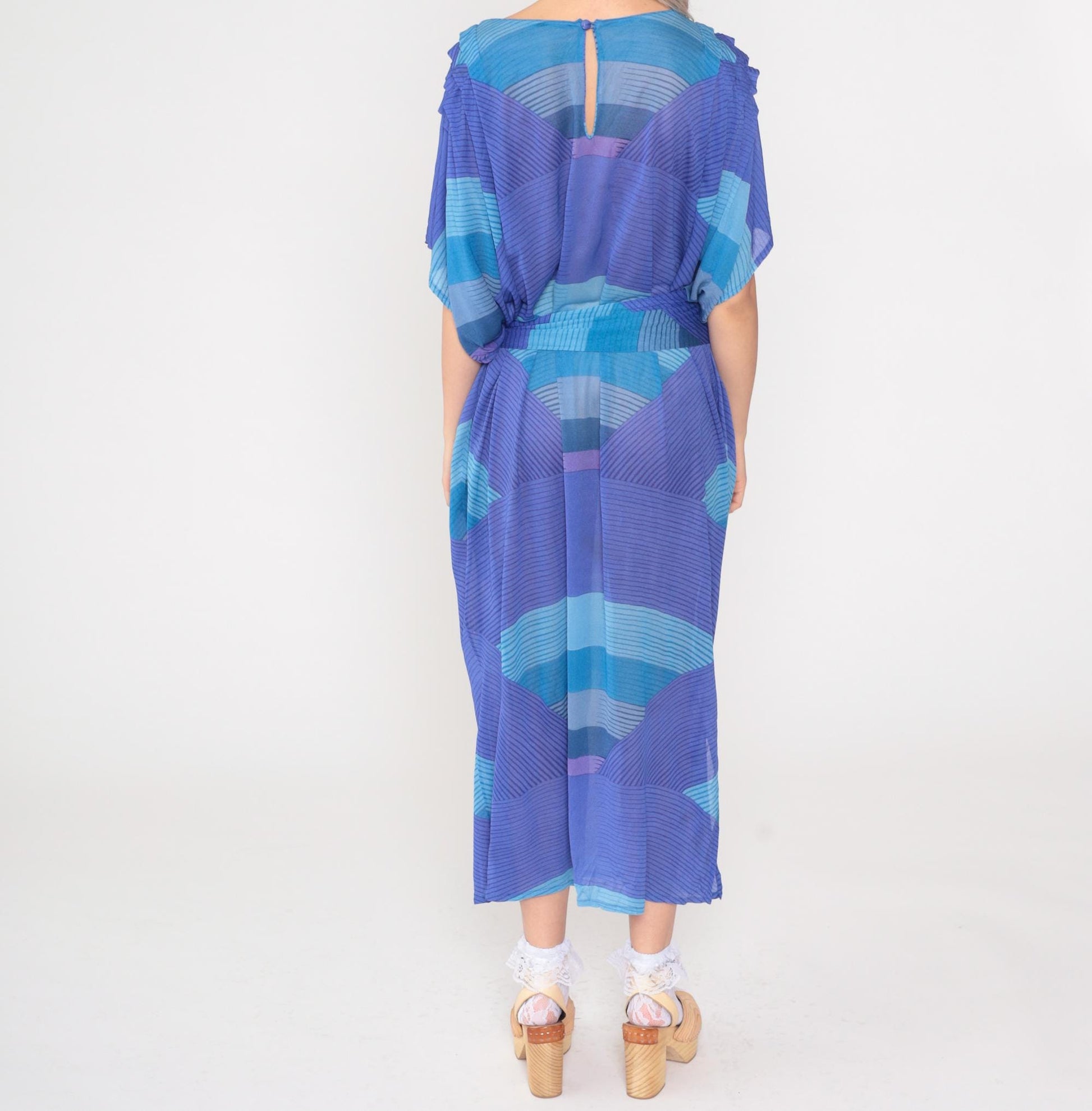 80s Abstract Striped Caftan Maxi Dress Purple Blue Dolman Sleeve Keyhole Extra Large