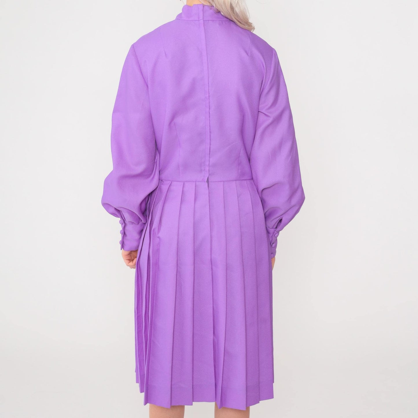 70s Purple Ascot Midi Dress Long Sleeve High Waist Pleated Medium 8