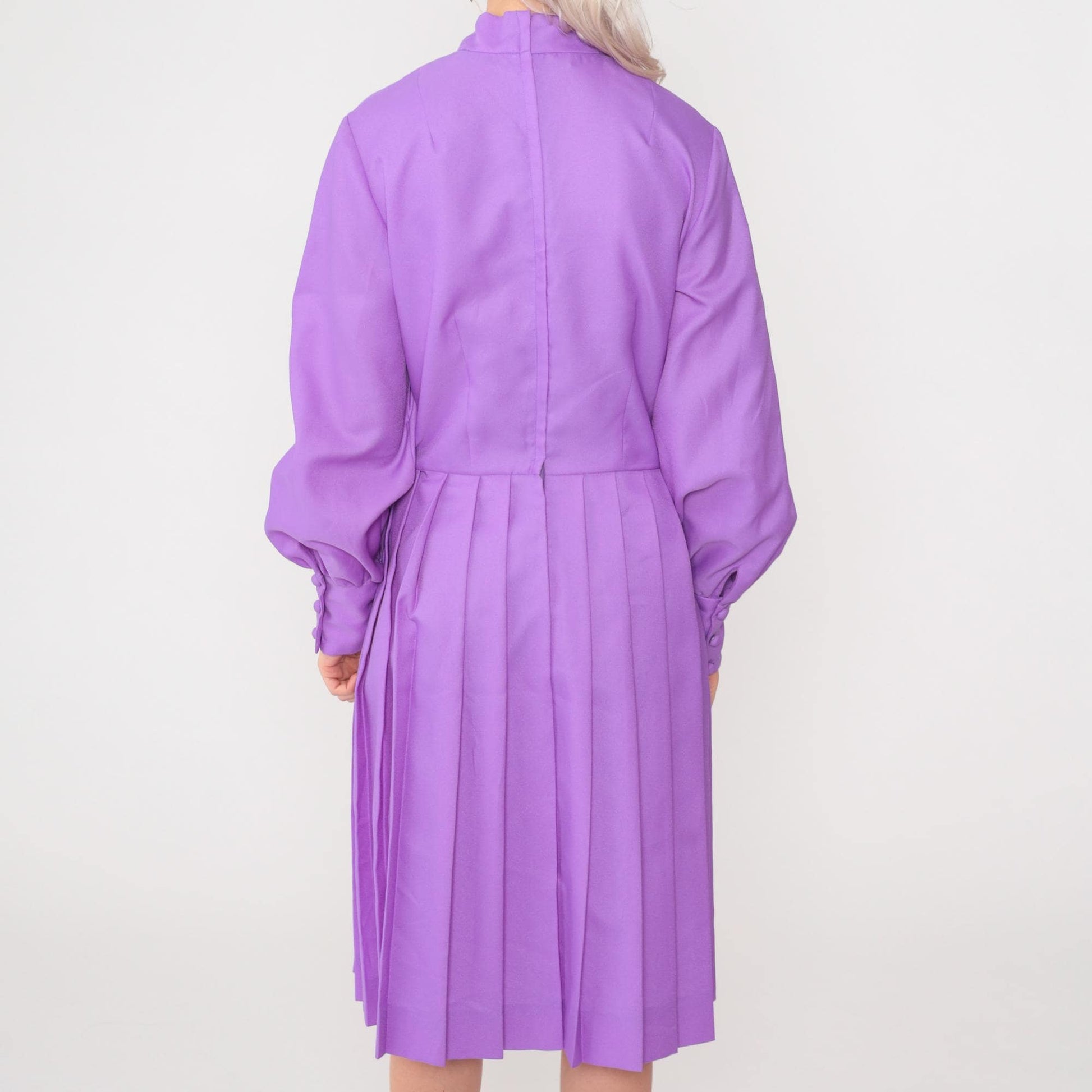 70s Purple Ascot Midi Dress Long Sleeve High Waist Pleated Medium 8