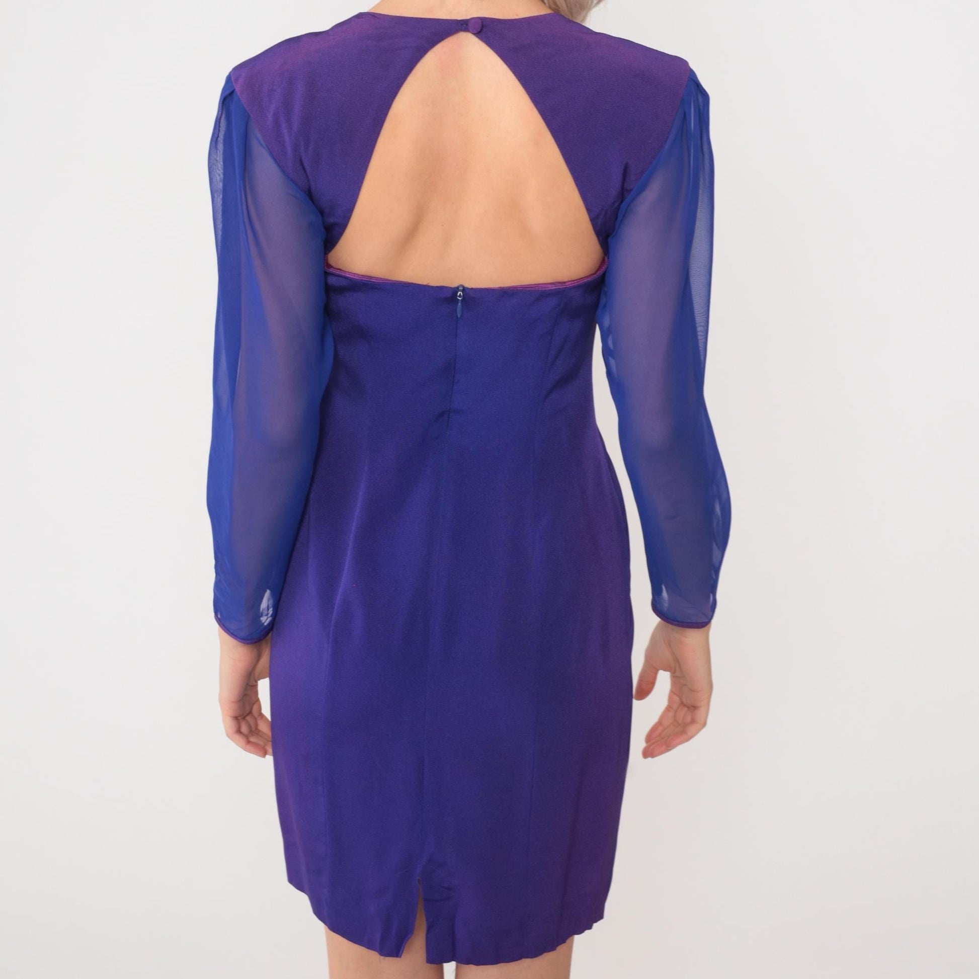 90s Purple Floral Soutache Mini Dress Keyhole Back Chiffon Sleeve Extra Small