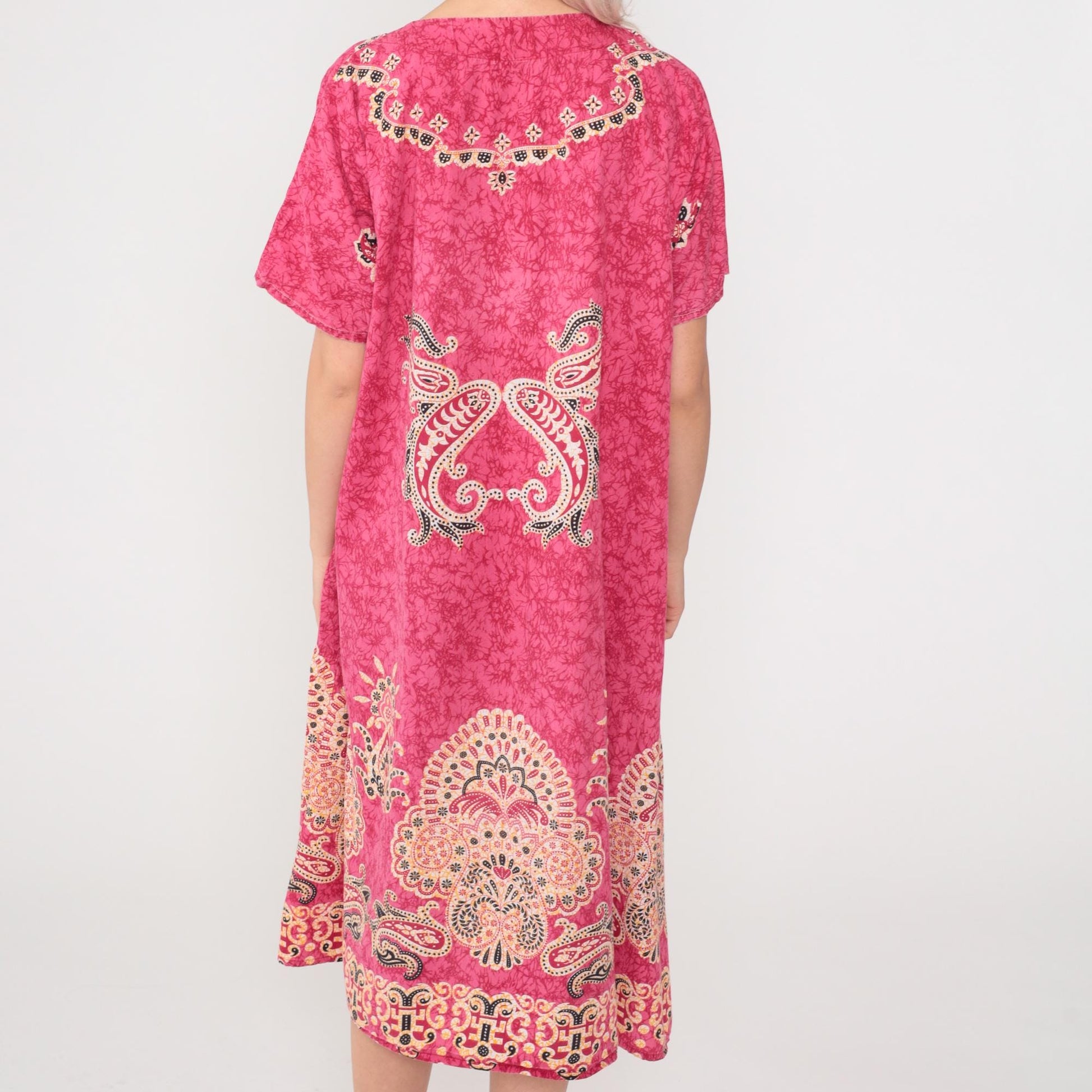 90s Pink Batik Paisley Midi Dress Front Zipper Shift Short Sleeve Large L