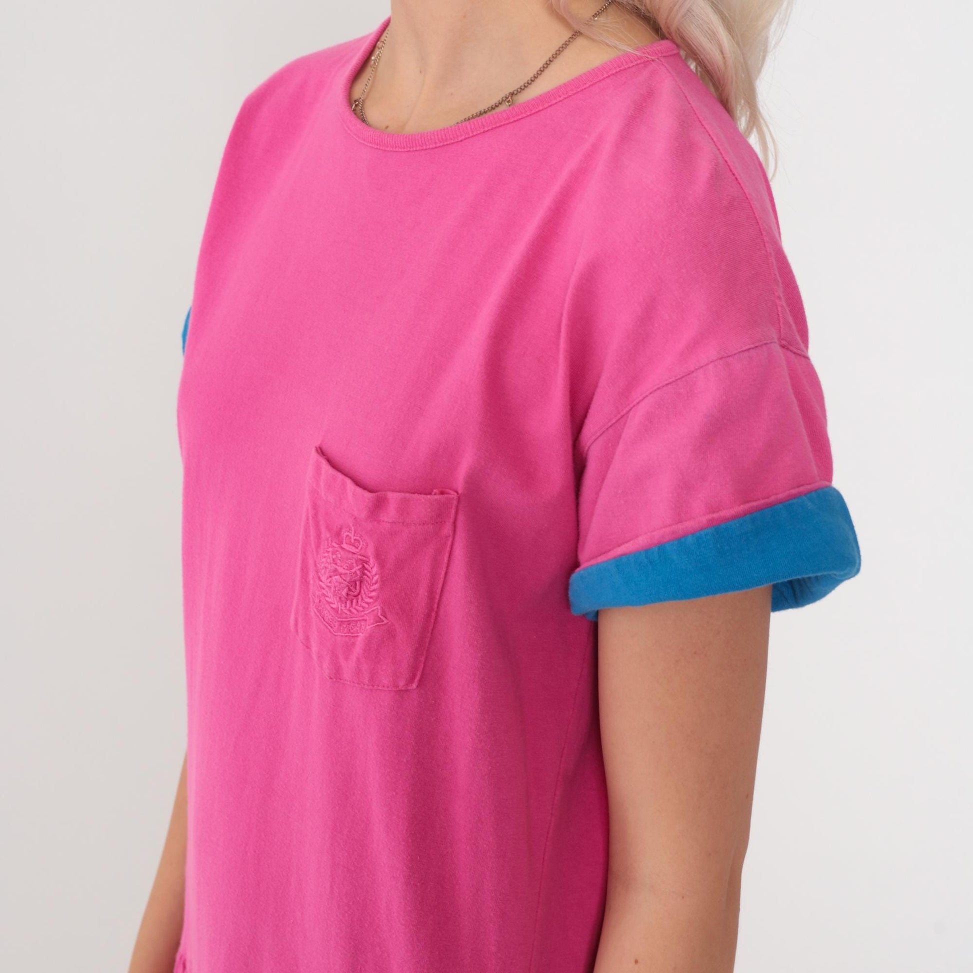90s Jones Wear Fuchsia T-Shirt Dress Cotton Chest Pocket Drop Waist Midi Medium