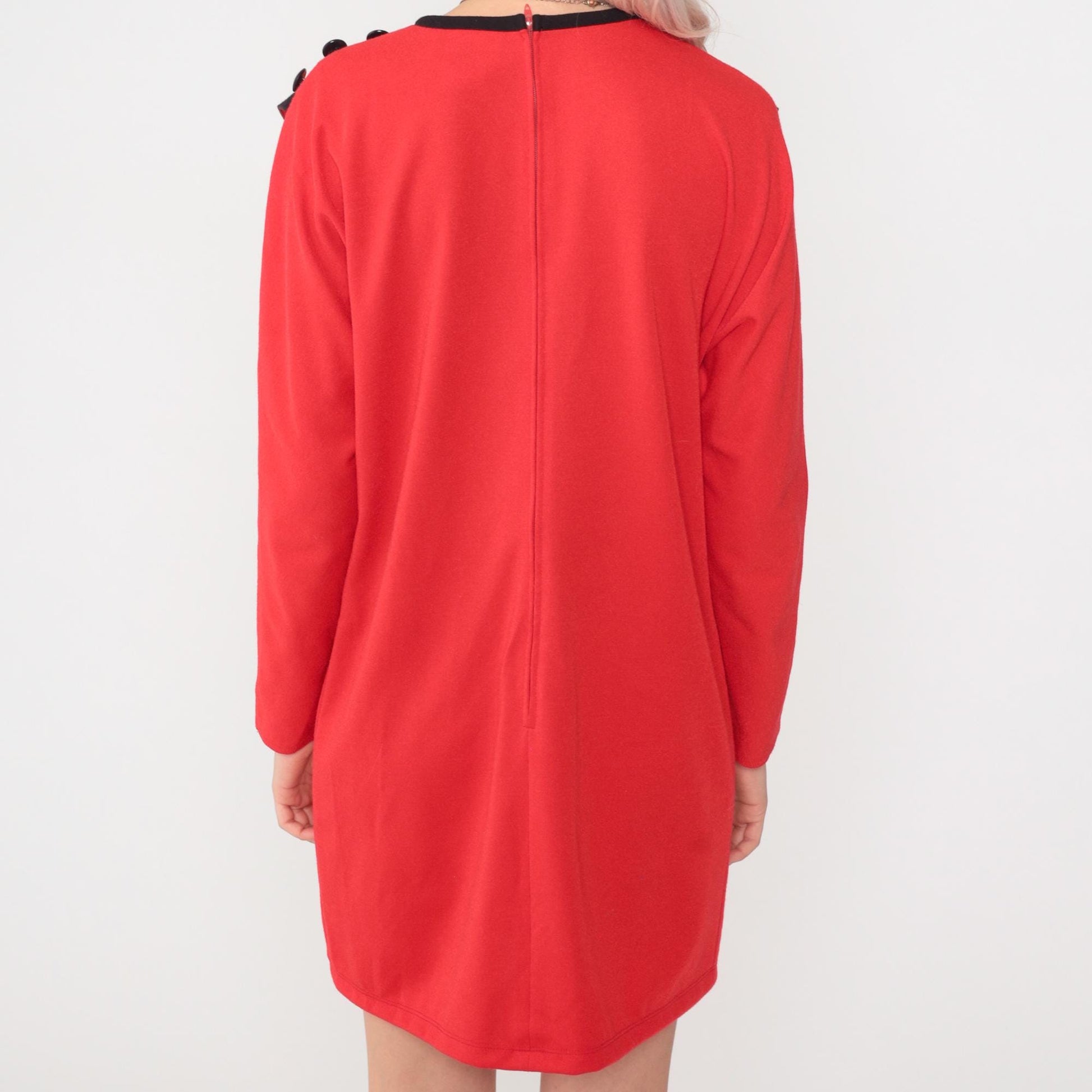 80s Leslie Fay Red Mini Dress Asymmetrical Sailor Collar Long Sleeve Medium