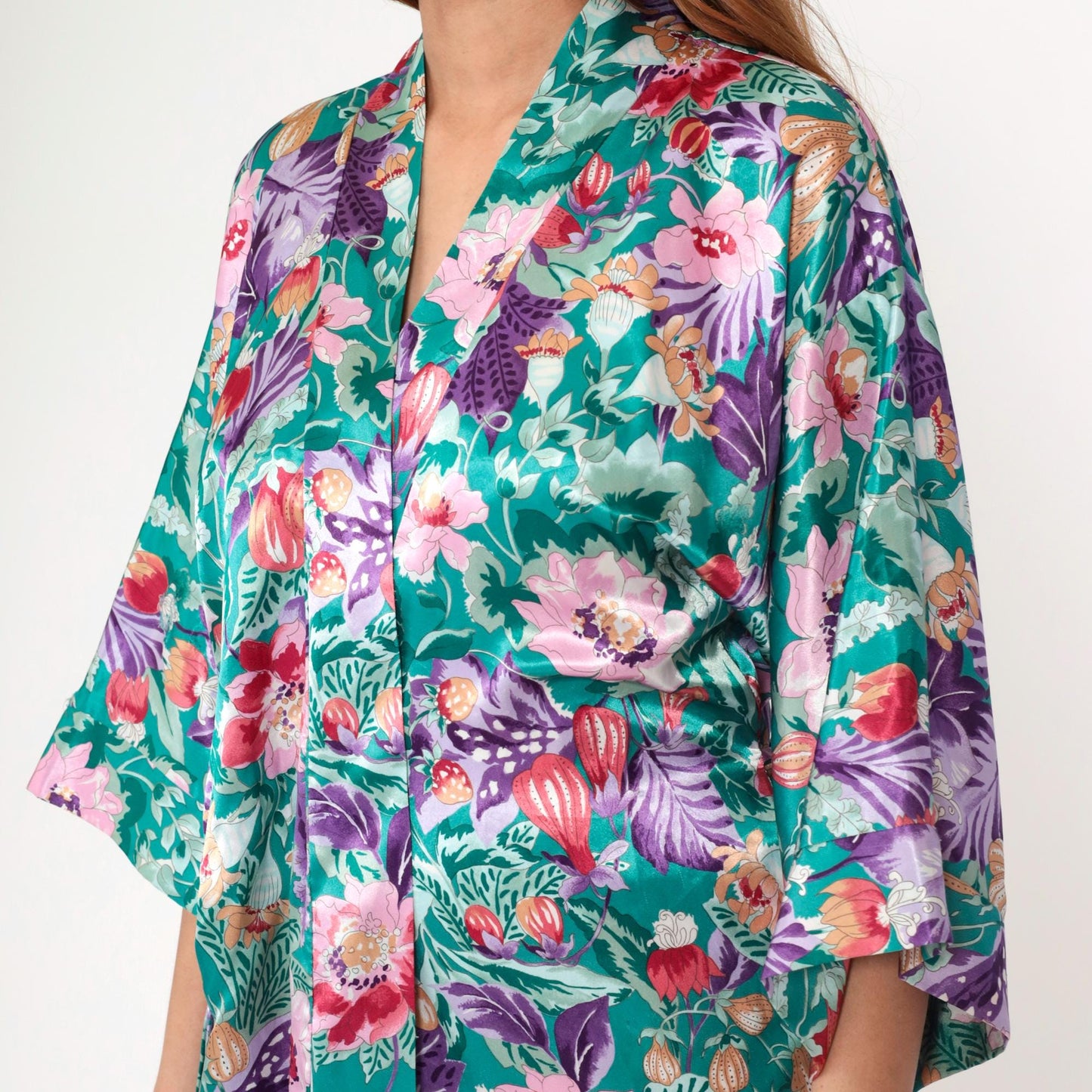90s Floral Satin Kimono Robe Mini Green Wrap Front Small Medium Large