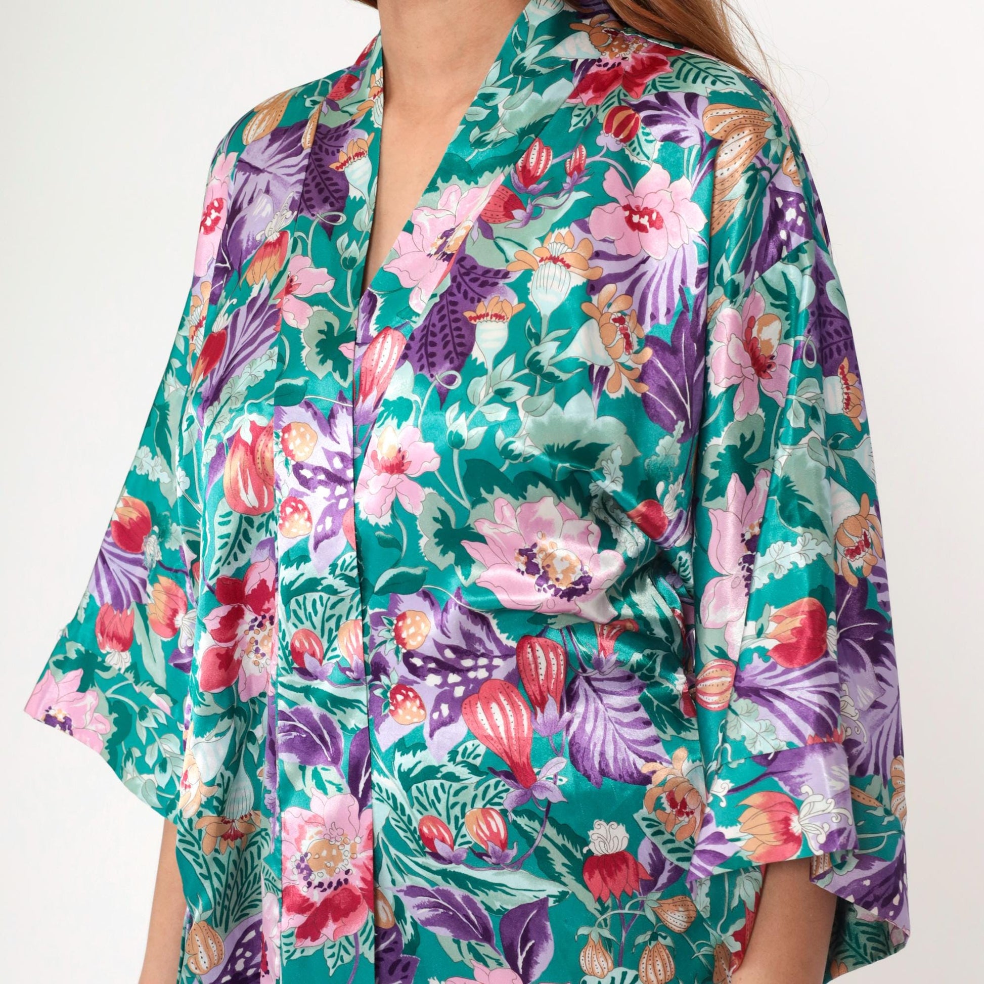 90s Floral Satin Kimono Robe Mini Green Wrap Front Small Medium Large