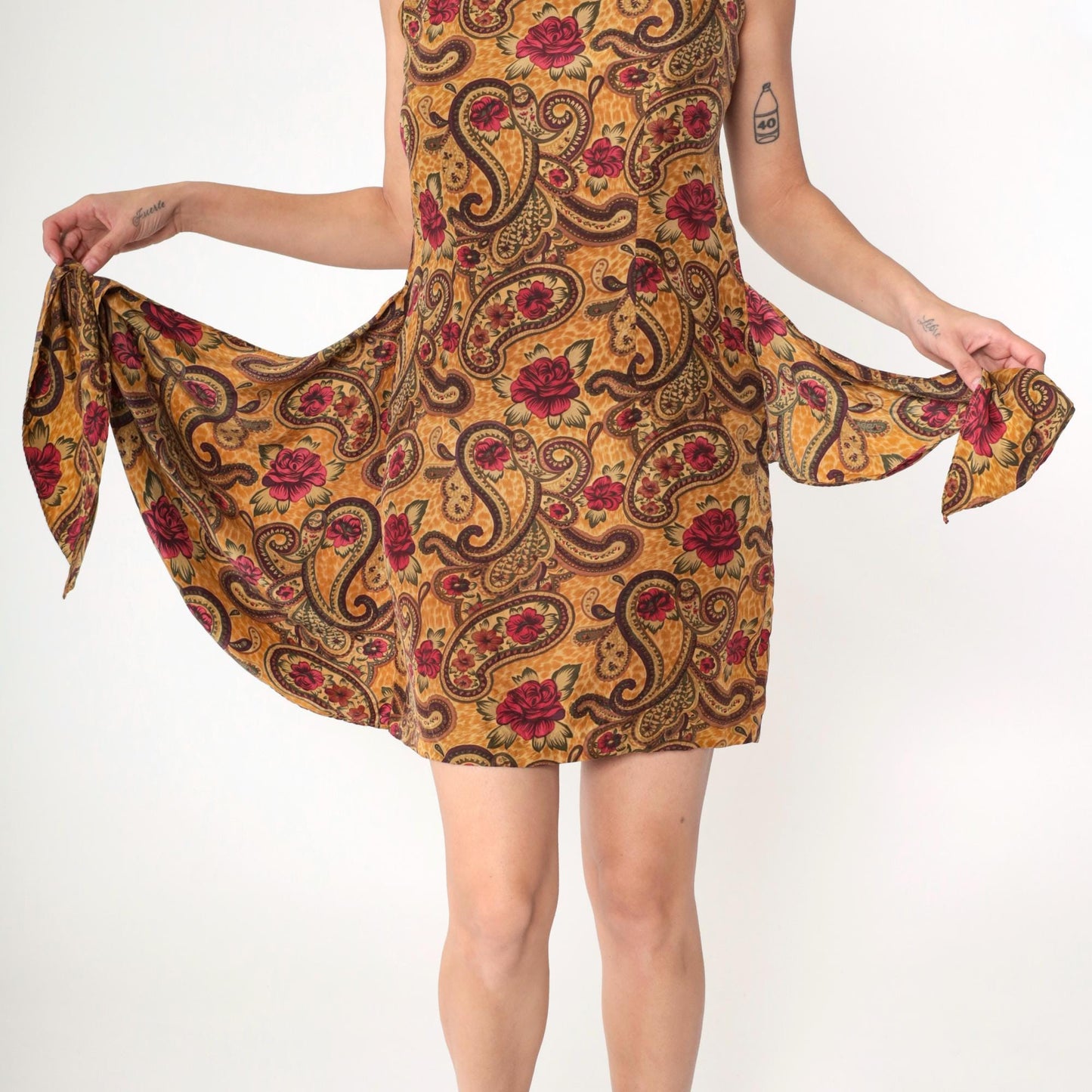 90s Forenza Silk Mini Dress Gold Floral Paisley Wrap Waist Sleeveless Medium