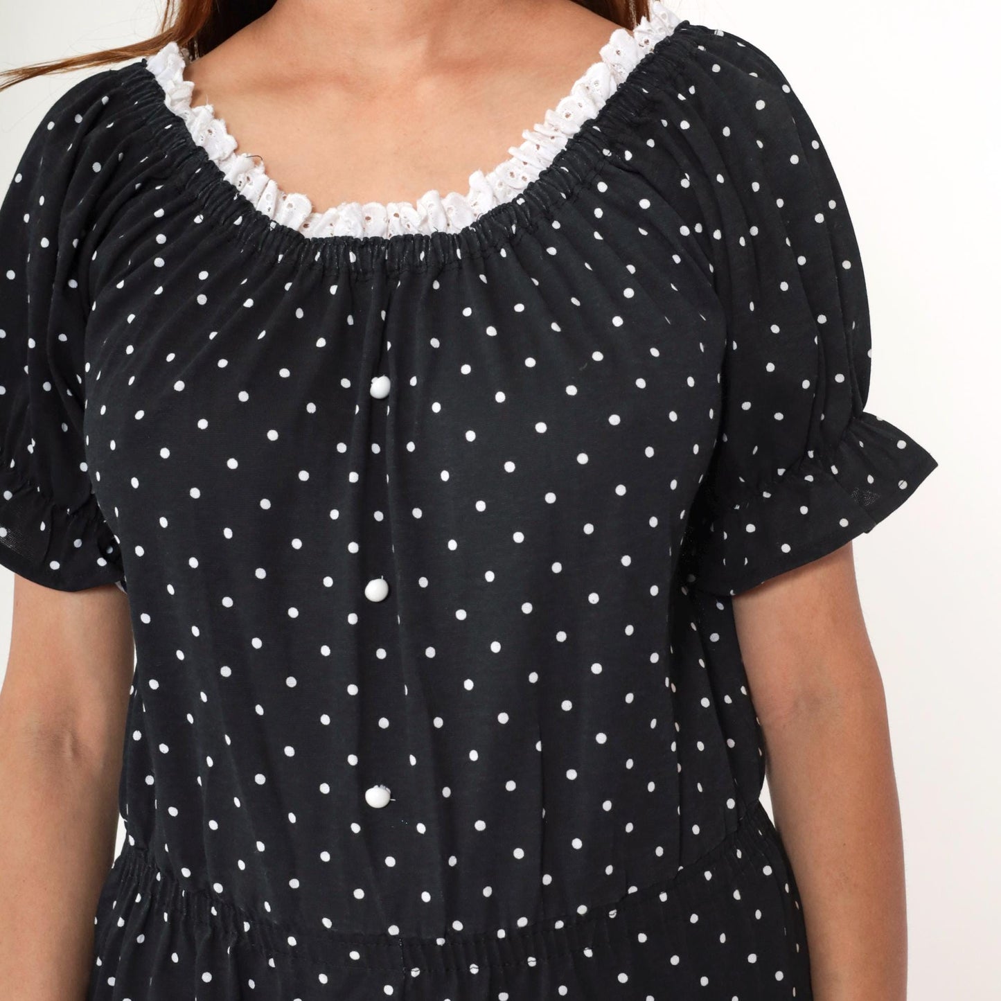 80s Black White Polka Dot Romper Eyelet Lace Puff Sleeve Playsuit Small
