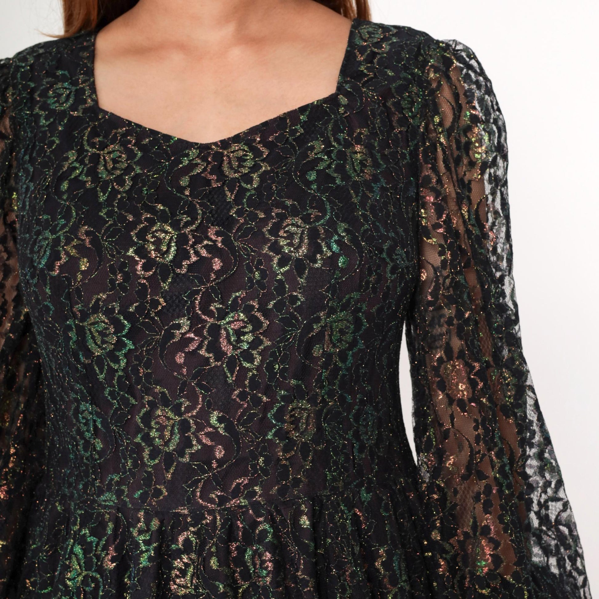 1960s Black Iridescent Lace Dress Sheer Sleeves High Waist Knee Length Medium M