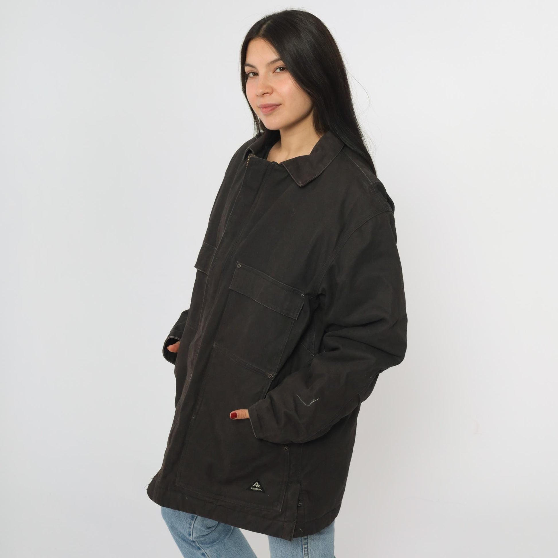 Ridgecut Toughwear Dark Brown Cargo Jacket Quilted Workwear Zip Chore Coat Men's Large L