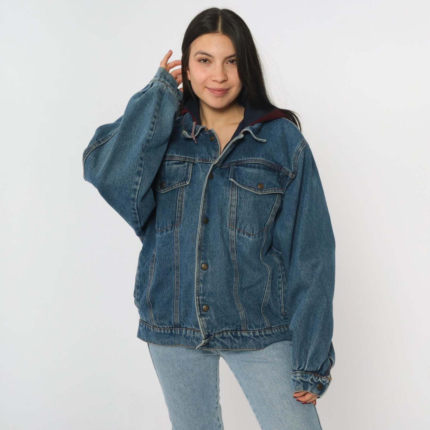 90s Eagles Ridge Outfitters Hooded Denim Jacket Blue Burgundy Medium