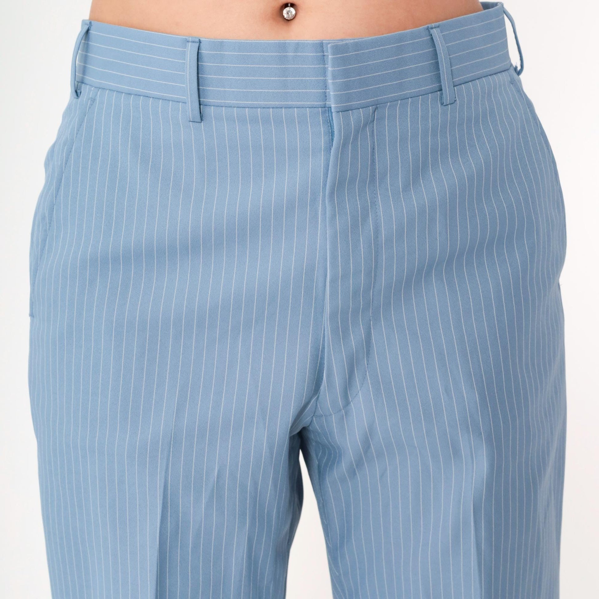 70s Blue Pinstripe Straight Leg Trousers High Waist White Stripes Men's Medium 32