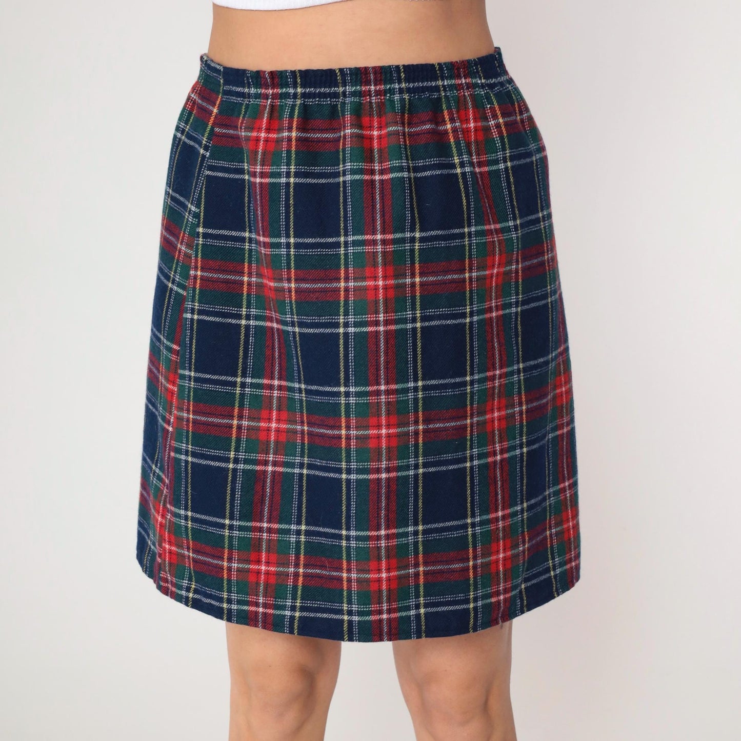 80s Plaid Mini Skirt Navy Red Green Elastic Waist Straight Pencil Medium