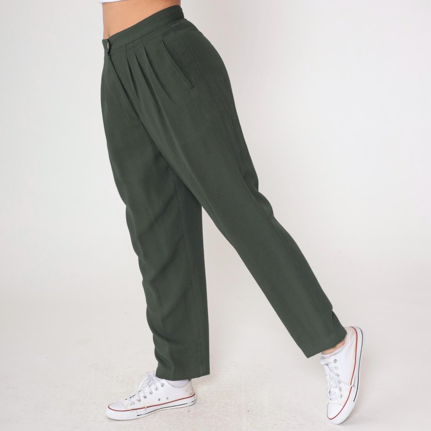 Y2K Dark Green Pleated High-Waist Trousers Straight Leg Medium