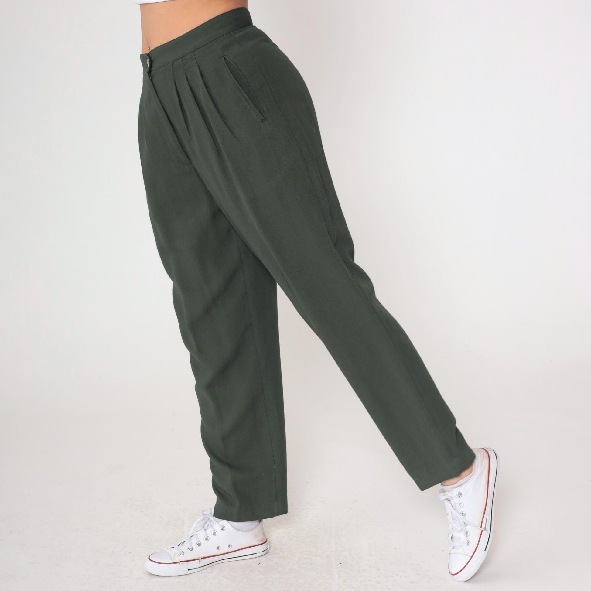 Y2K Dark Green Pleated High-Waist Trousers Straight Leg Medium