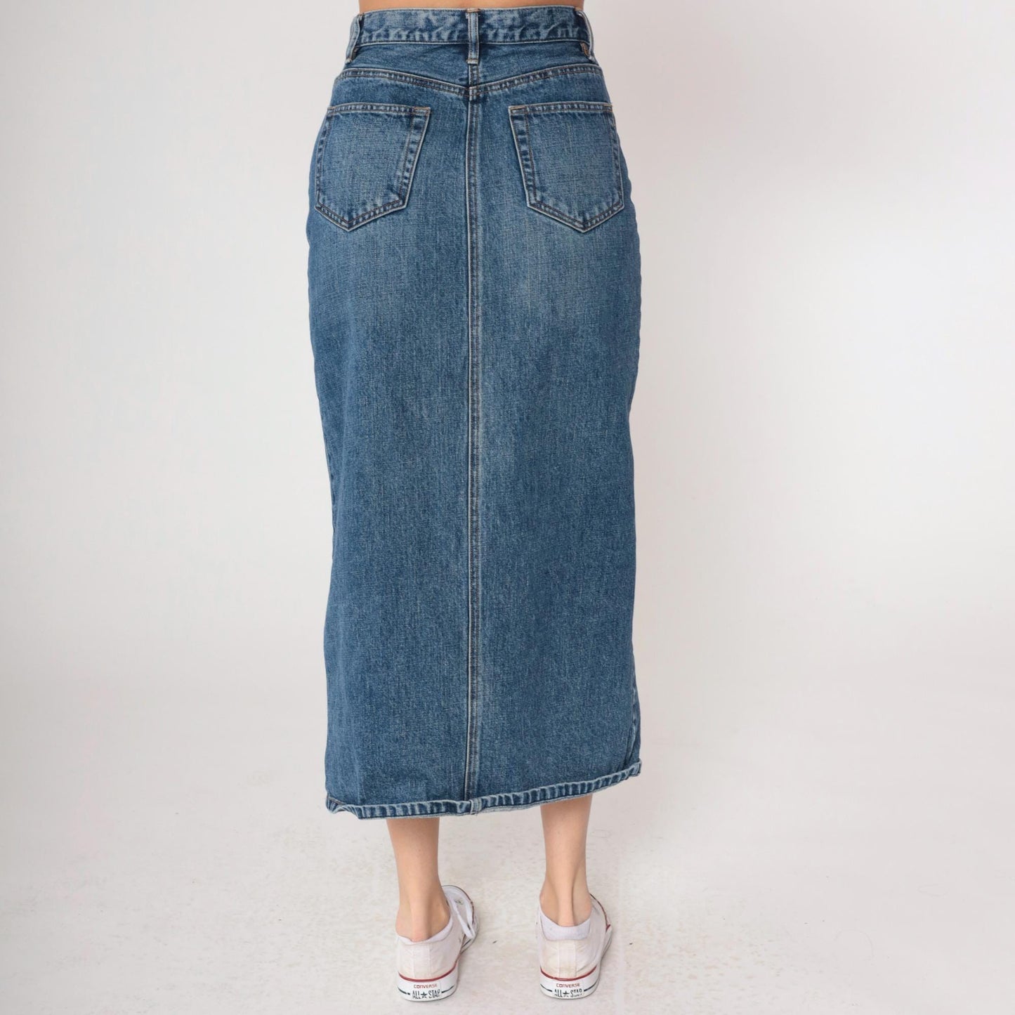 Y2K Gap Denim Midi Skirt High Front Slit Blue Jean Small 4